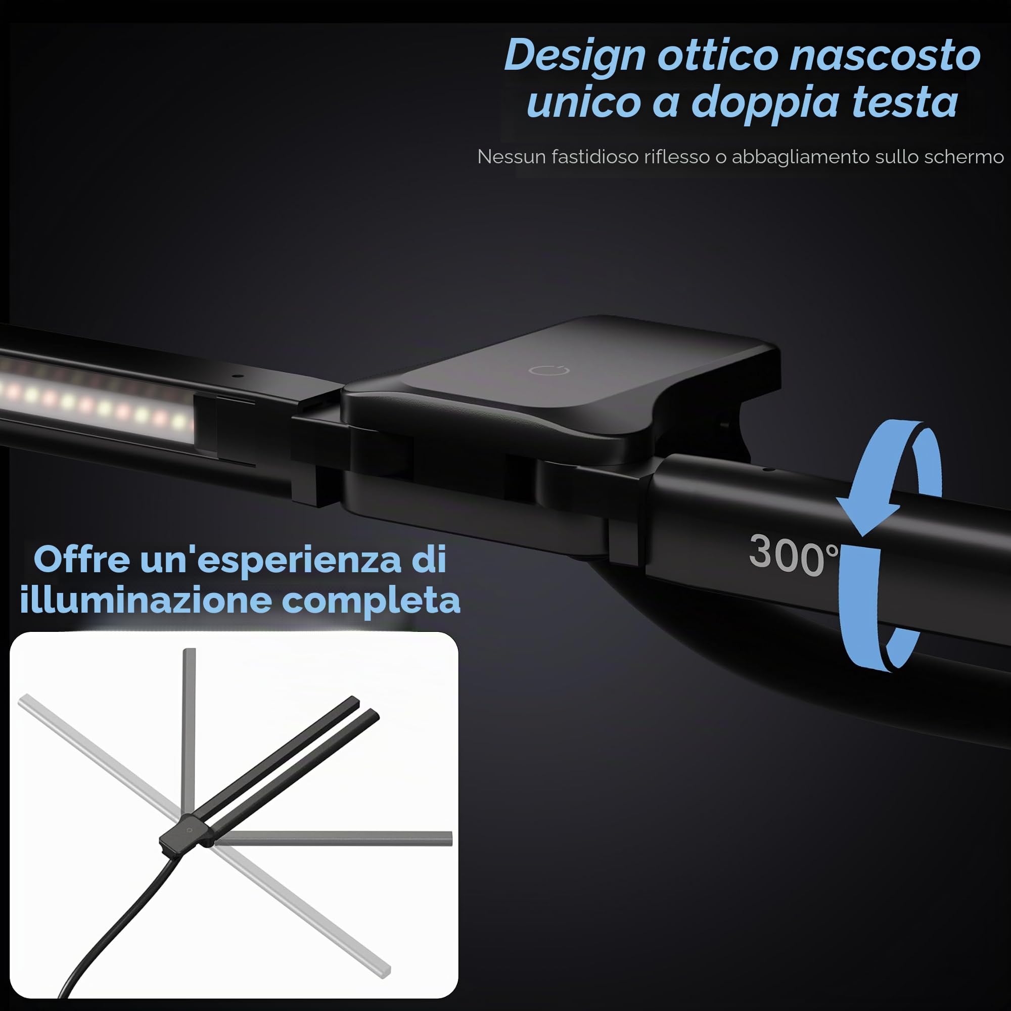 EYOCEAN Lampada da scrivania a doppia testa con clip, 24 W, 80 cm, luce diurna da scrivania con telecomando, lampada da monitor dimmerabile, collo d'oca, protezione degli occhi, colore nero
