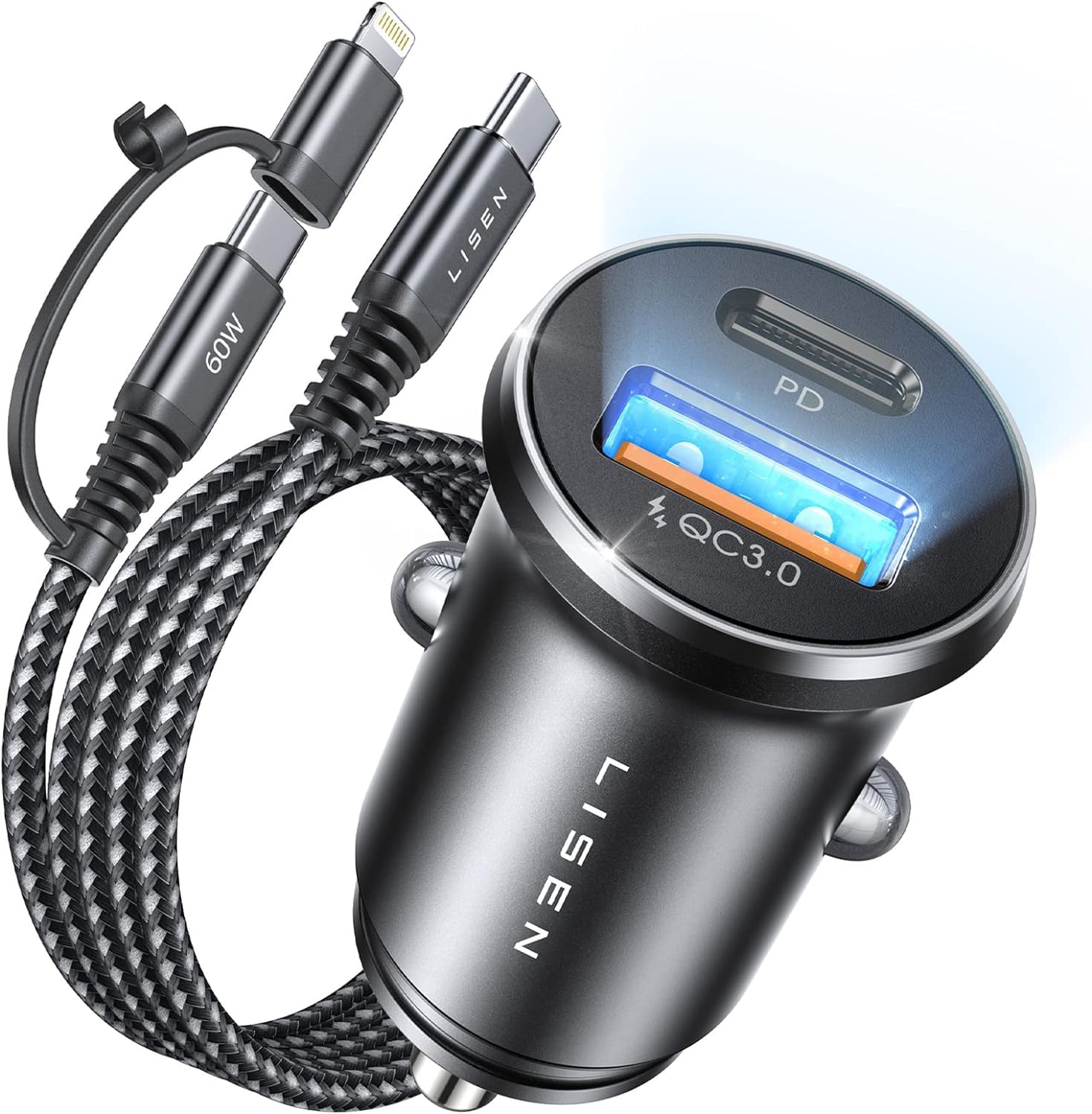 LISEN for Bulk Zigarettenanzünder USB C Auto Ladegerät 54W PD&QC3.0 KFZ Ladegerät USB zigarettenanzünder Adapter 12v USB Adapter Auto Ladegerät mit USB C auf C/Lightning für S24 iPhone 17 16 Pro 15