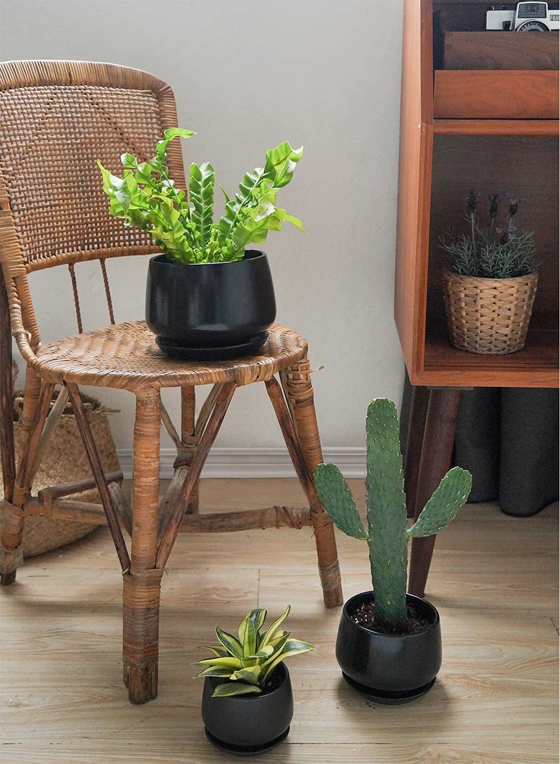 LE TAUCI Plant Pots, 4.1+5.1+6.5 inch, Set of 3, Ceramic Planters with Drainage Hole and Saucer, Indoor Flower Pot with Hole Mesh Pad, Gifts for Mom, Black - Image 7