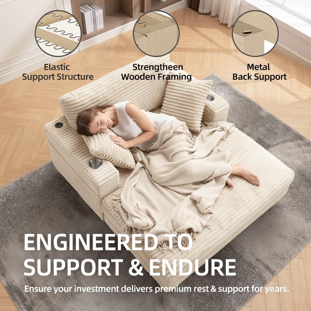 60'' Oversized Chaise Lounge Chair Indoor, Corduroy Upholstered Lounge Sofa with Wood Frame, Comfy Lounge Chaise with Pillows and Cup Holder, Deep Seat Lounge Chair for Living Room Bedroom