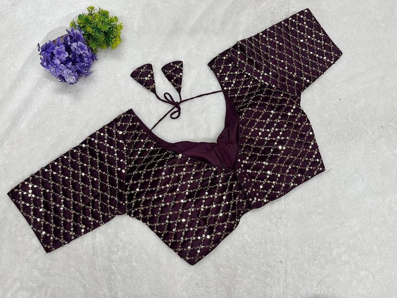Pujia Mills Woman Italian Silk V- Neck With Short Sleeve With Khatli Work Sequence Design Readymade Blouse 38 Size Wine