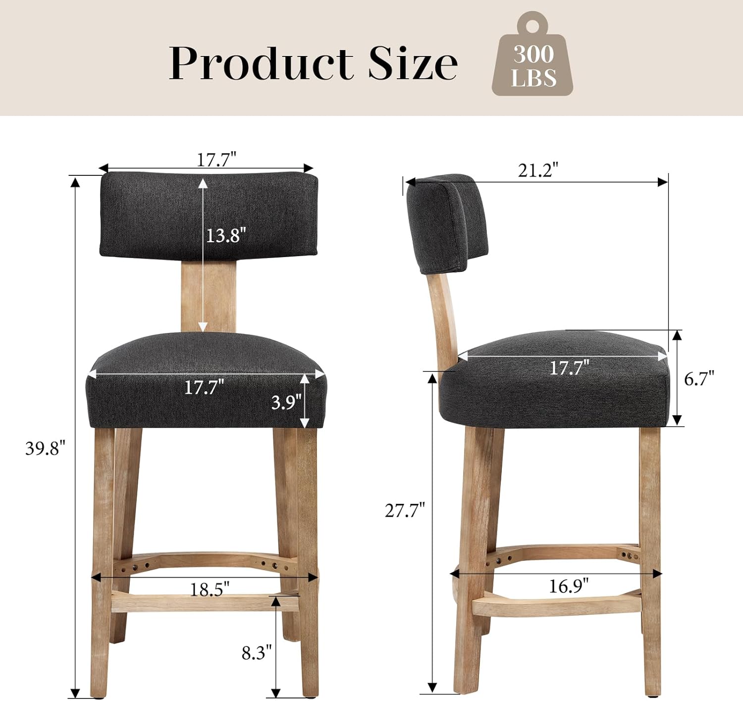 Wooden Counter Stools Set of 4, Mid Century Modern Barstools with Back and Solid Wood Legs, Farmhouse Upholstered Linen Kitchen Stools Countertop Bar Chairs, Dark Grey