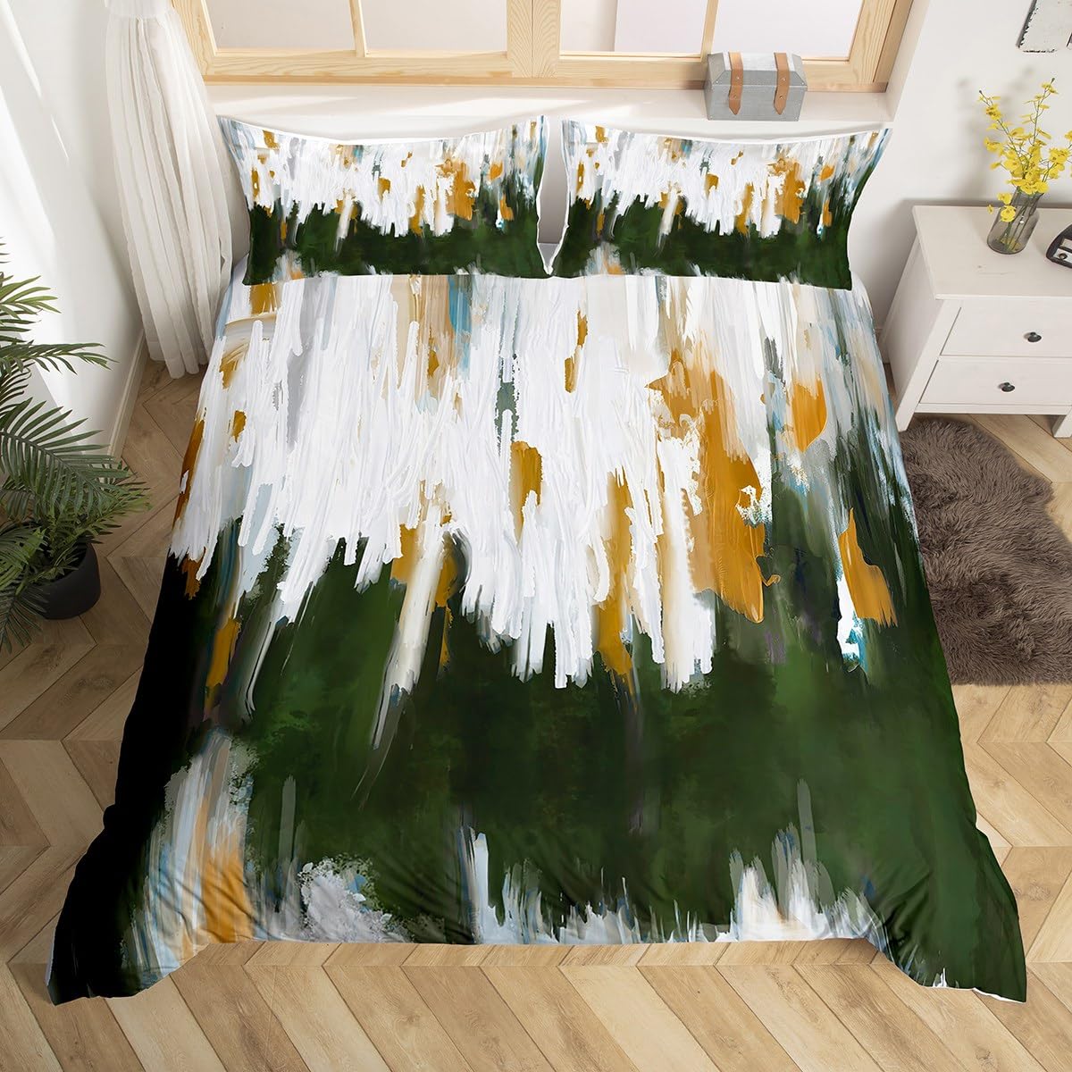 Homewish Ombre Watercolor Comforter Cover Olive Green Bed Set Brush Strokes Stripe Duvet Cover Contemporary Aesthetic Bedding Sets King Modern Graffiti Oil Painting Bedspread Cover Microfiber 3pcs โ image 1