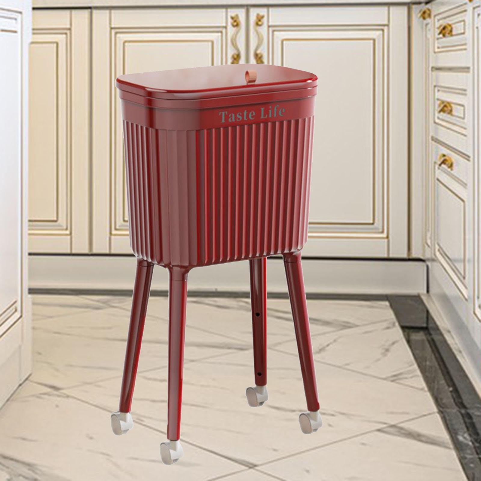 Yajuyi Cubo de Basura Alto con Ruedas, 16 L, Portátil Y Elegante, Ideal para Restaurantes, Cocinas, Baños Y Habitaciones de Huéspedes, Rojo, Individual