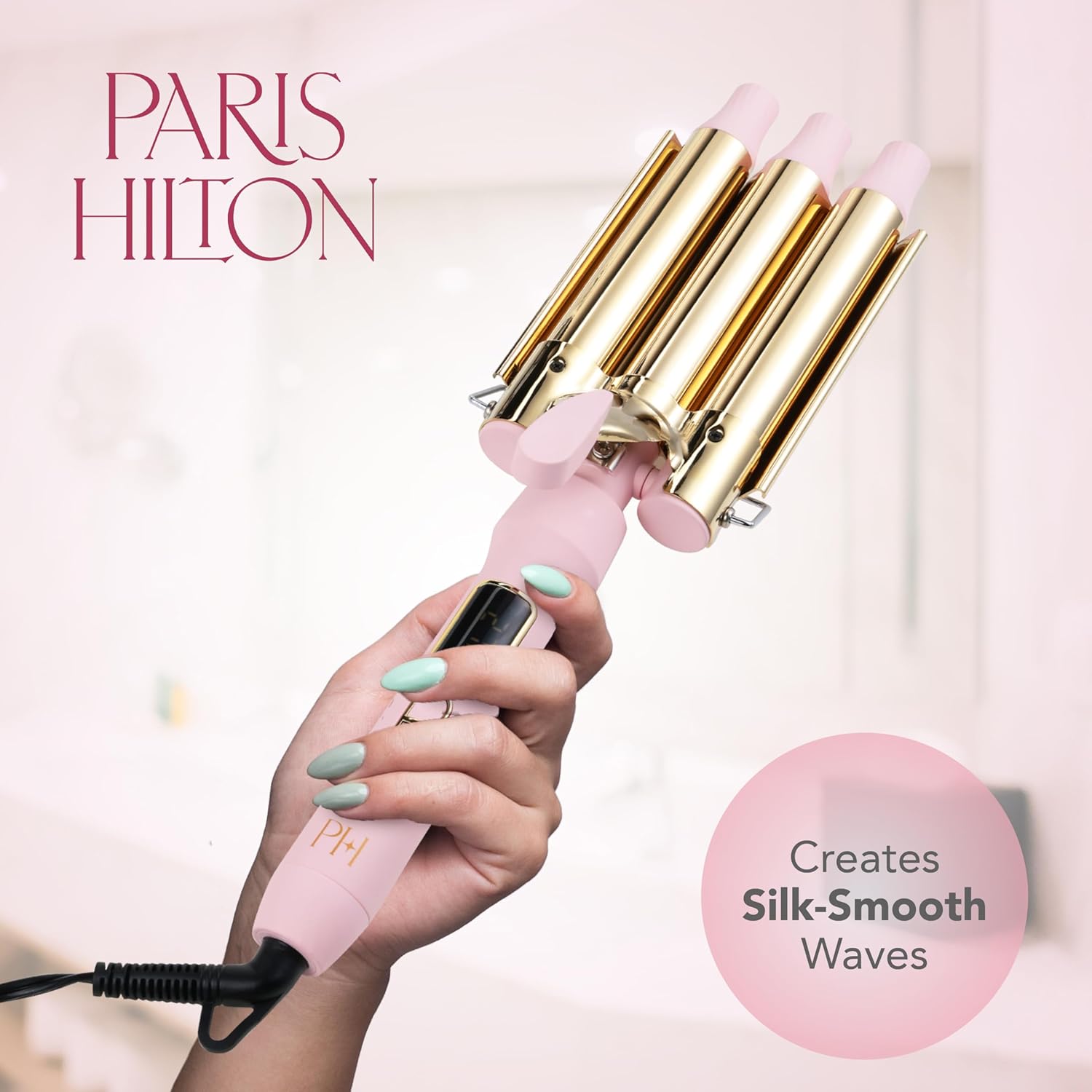 Paris Hilton - Triple Hair Waver, Professional Ceramic Curling Iron for Long-Lasting Beach Waves & Voluminous Styling (Pink)
