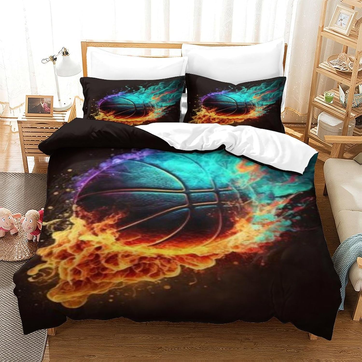 Housse de couette basket-ball pour chambre d'ado ensemble de lit respirant 3 pièces 260x230 cm