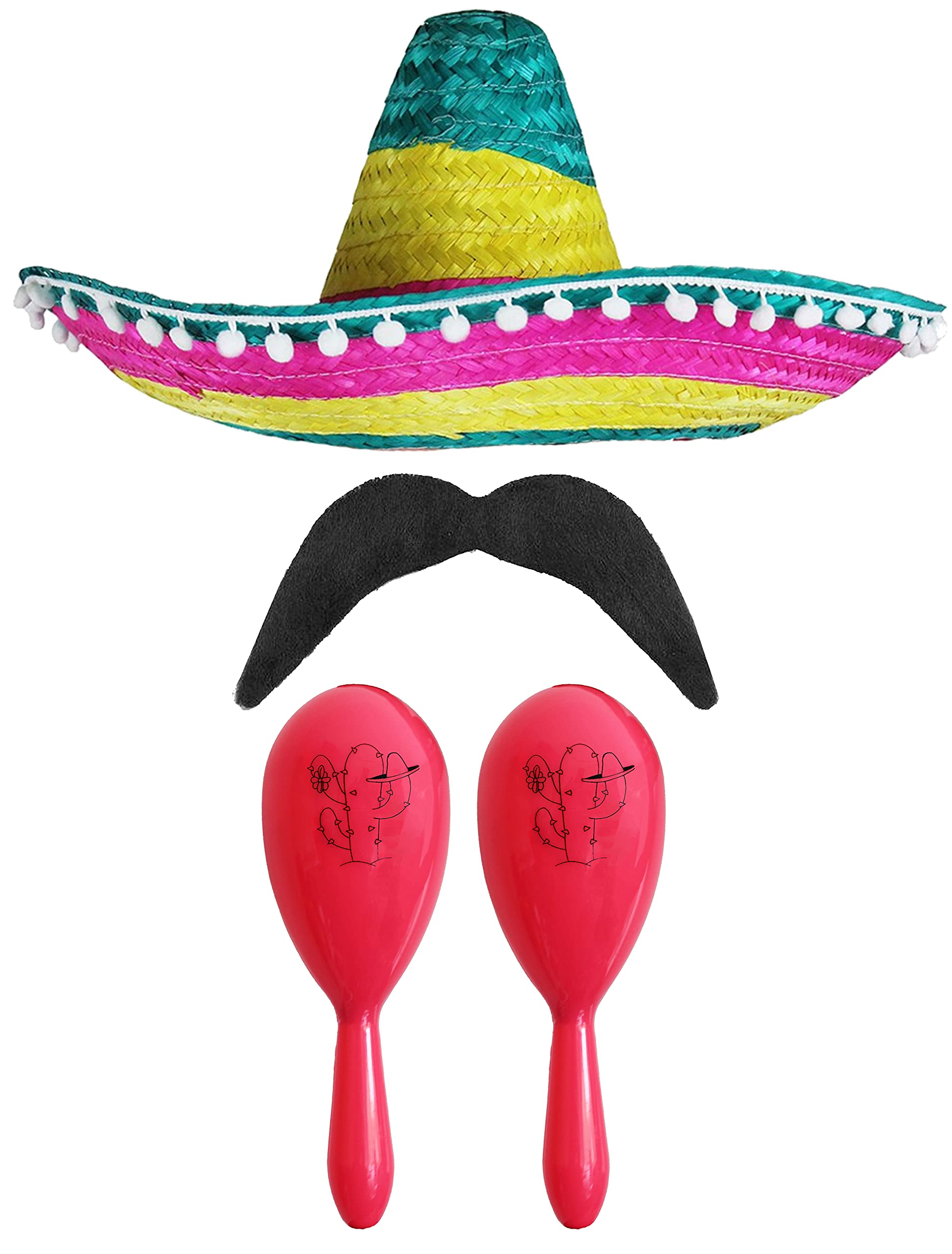 Adults Mexican Accessory Set - Multicoloured Mexican Sombrero, Pink Maracas, Moustache - Mexican Cinco de Mayo Sensorita Bandit Mariachi Fancy Dress Costume Accessory Set