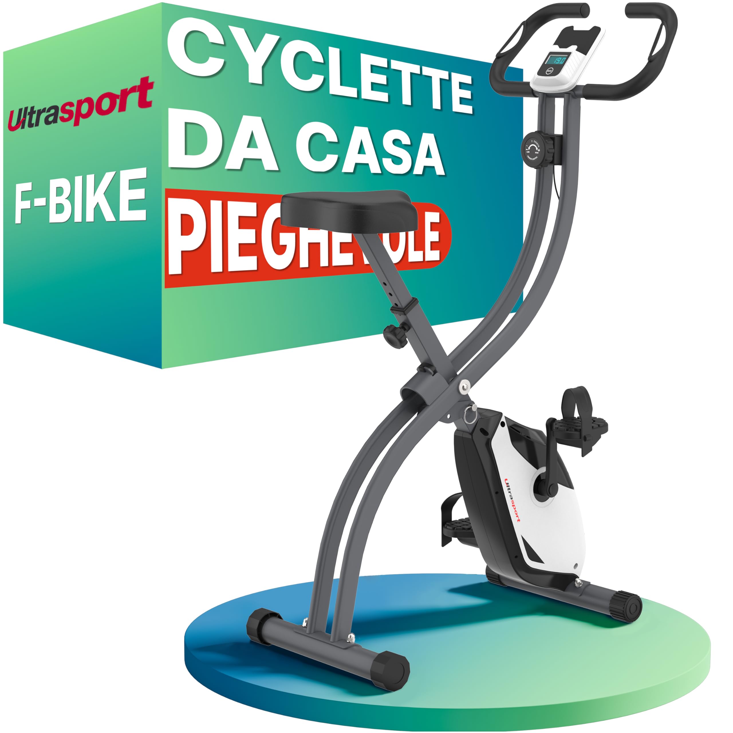 Ultrasport F-Bike Cyclette da Casa Pieghevole I Cyclette Pieghevole da Casa fino a 130 KG con Sella Extra Confortevole, LCD Display e Sensori delle Pulsazioni, Cyclette da Camera