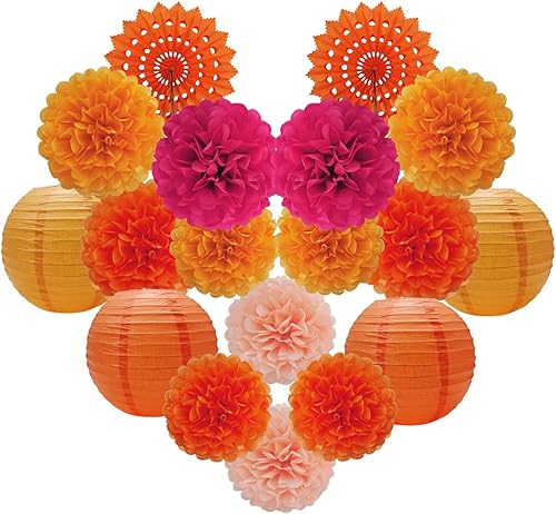 Keihok Fall Orange Party Decorations, Tissue Paper Pom Poms Paper Lanterns Paper Fans for Orange Birthday Wedding Baby Shower Decor, 18 Pcs
