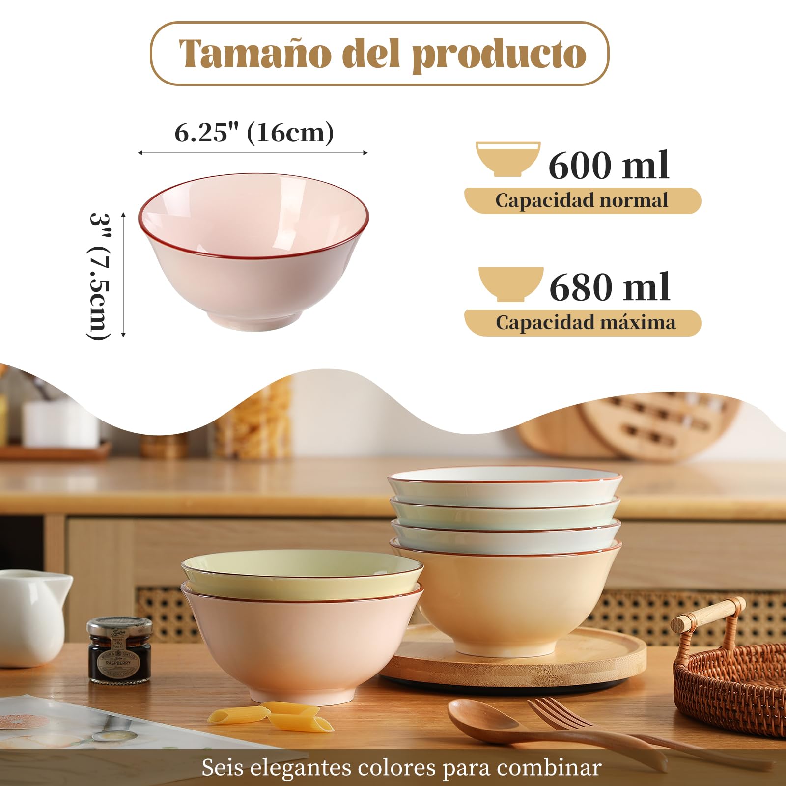 Cuencos Desayuno Bol Cereales Ceramica - Juego de 6 Cuencos Sopa Colores - Set de Tazones Desayuno Porcelana - Cuencos Cocina para Servir Arroz | Ensalada | Gazpacho | Consomé - 16 x 7,5 cm - 680 ml