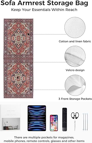 Miniatura 2 de Organizador de reposabrazos para sofá, organizador de mesita de noche, soporte de control remoto para sofá, bohemio, antideslizante, diseño étnico,