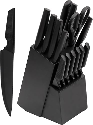 Juego de cuchillos de cocina de acero inoxidable alemán de 14 piezas, color negro, apto para lavavajillas, afilador de cuchillos integrado con