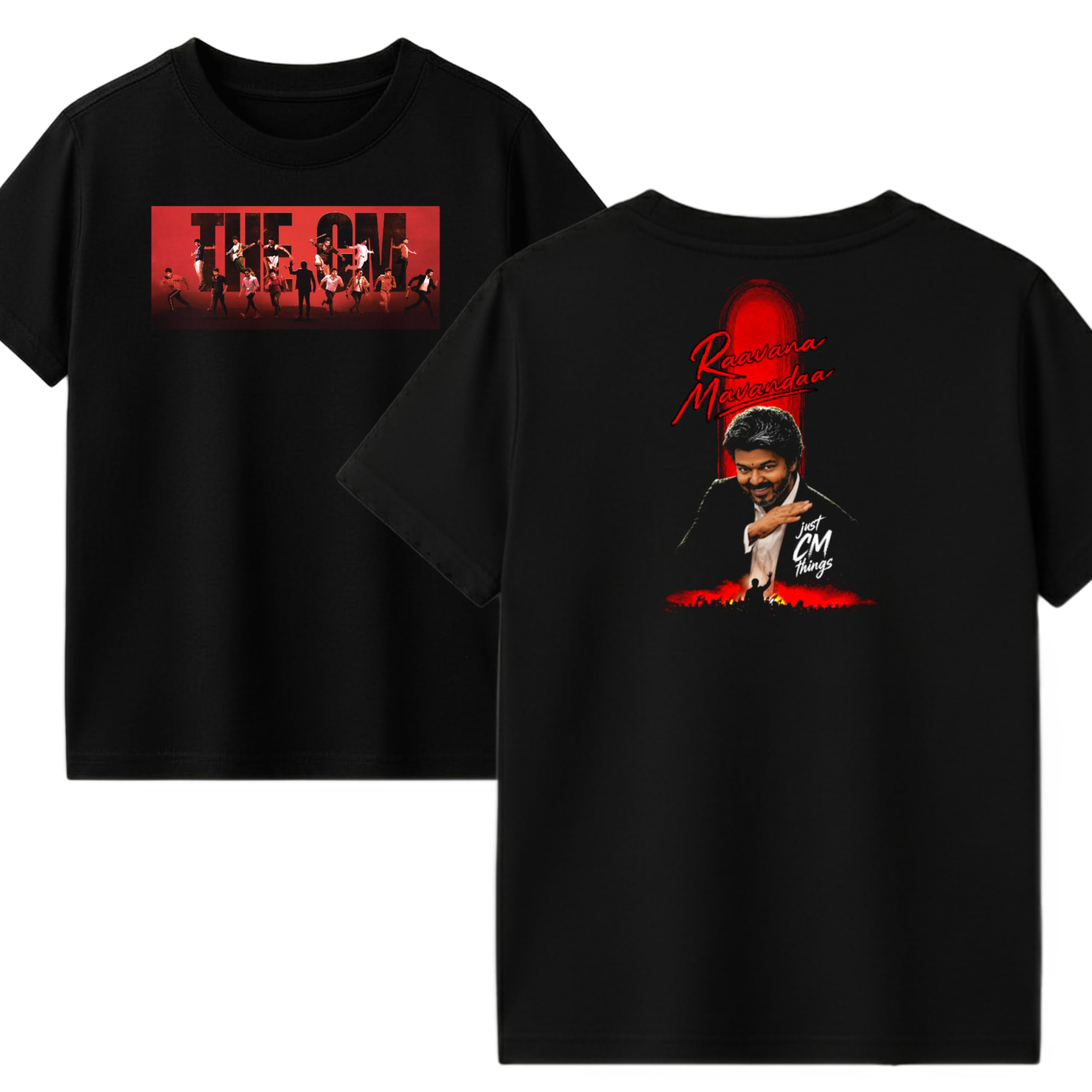 Men's Regular Fit Cotton T-Shirt | Jana Nayagan Thalapathy Vijay The CM - Raavana Mavandaa Printed Black Crewneck Tee-picture-16