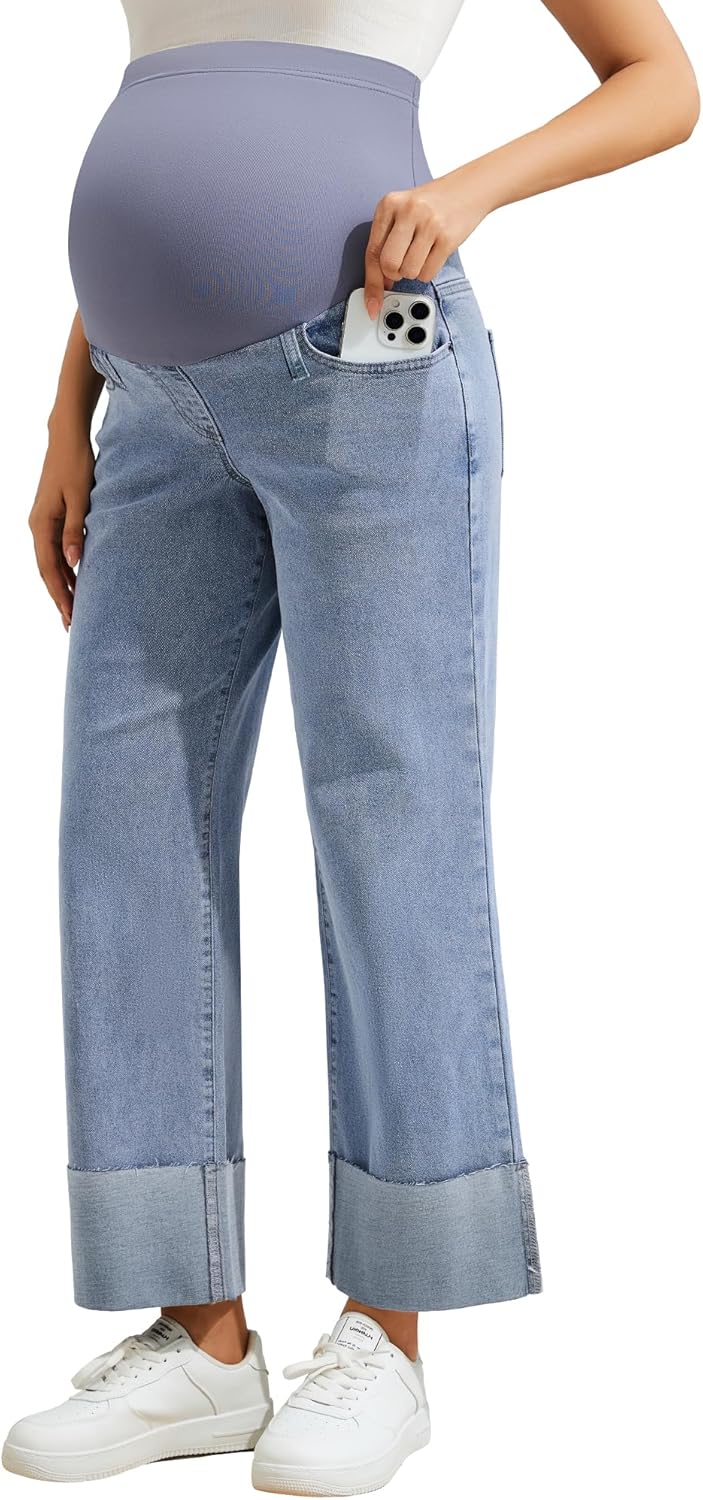 PACBREEZE Women's Maternity Flare Jeans Mid-Rise Stretchy Bell Bootcut Jeans Denim Pregnancy Pants, S-XXL