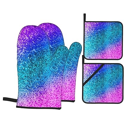 YIFTD Oven Mitts and Pot Holders Sets of 4 Colorful Glitter Washable Heat Resistant Kitchen Gloves Waterproof Oven Gloves and Hot Pads for Baking Cooking Grilling BBQ