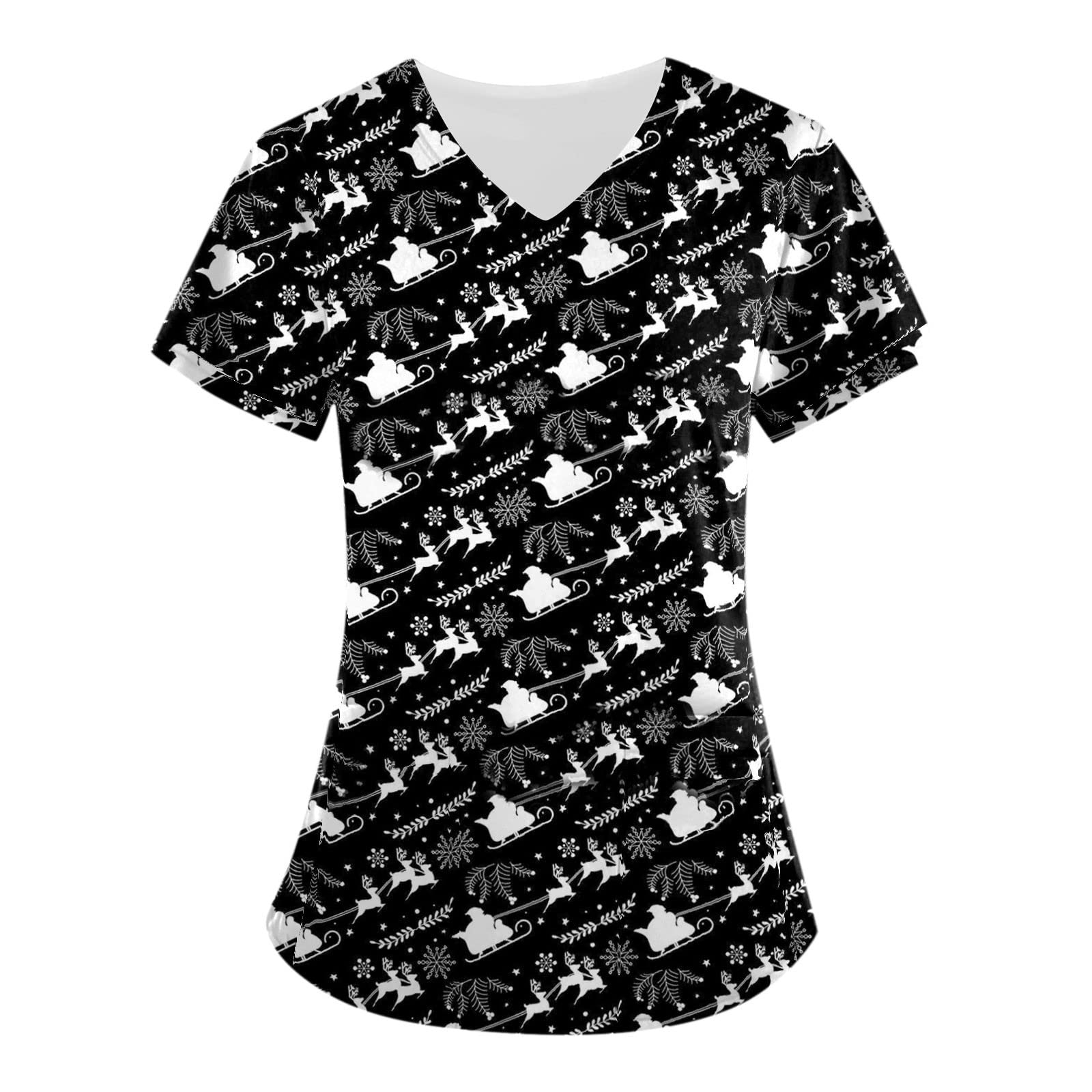 HSUAYEUD Christmas Scrubs for Women Medical Uniform Nurse Hospital Tops  Xmas V-Neck Working Uniforms Adult Santa Workwear