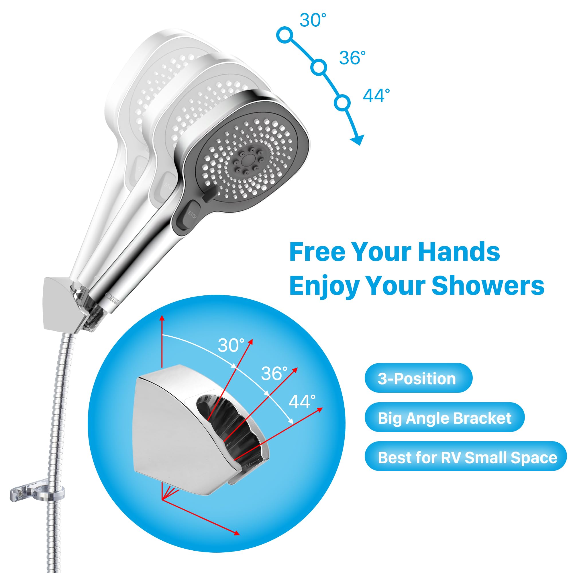 Pommeau de douche pour camping-car avec tuyau et interrupteur marche/arrêt, 3 pulvérisations, économie d'eau et haute pression avec tuyau pour camping-car, camping-car, van