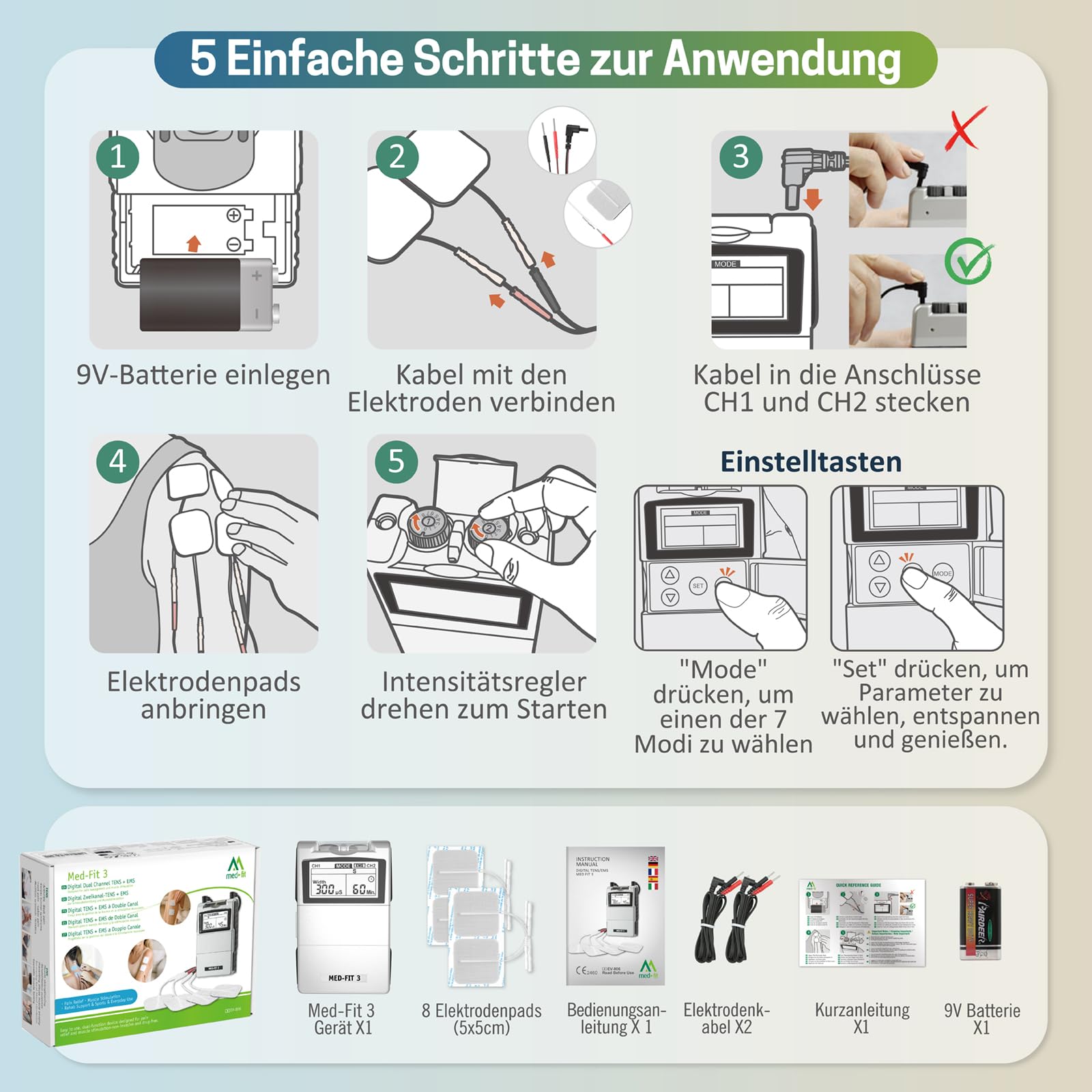 Med-Fit 3 TENS Gerät Schmerztherapie & EMS Muskelstimulator 2 Kanal - Medizinprodukt Klasse IIa Reizstromgerät für Rückenschmerzen, Ischias, Arthrose, Nacken, Schulter & Muskelaufbau