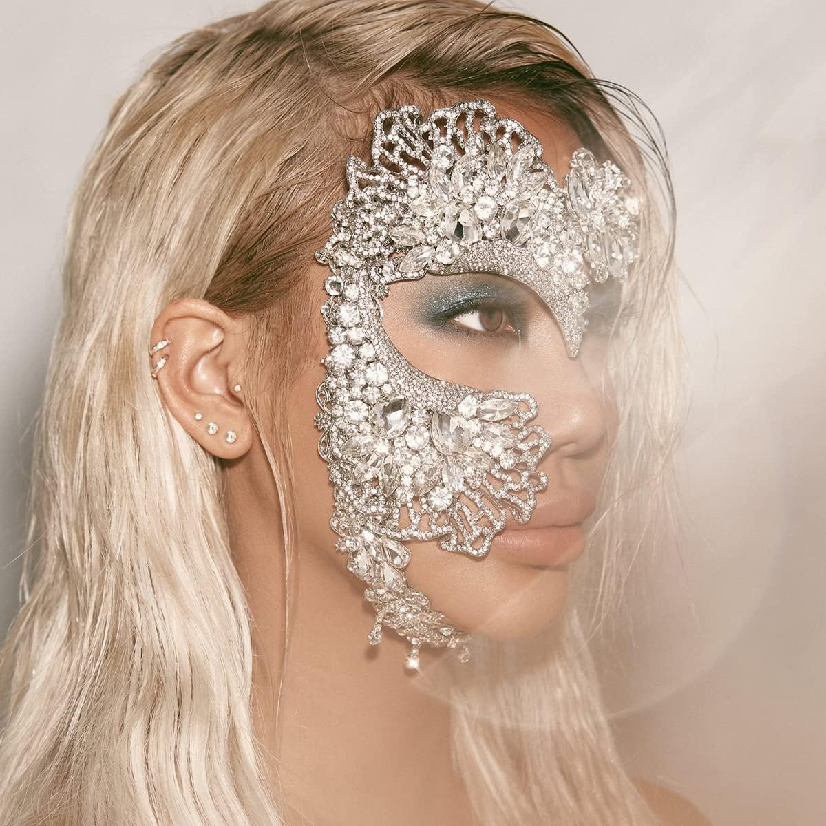Miniatura 3 de STONEFANS Máscara de máscaras de circonita cúbica para mujer máscara de media cara máscara de mascarada accesorio de disfraces de graduación