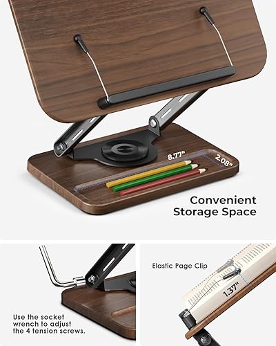 Miniatura 5 de Viozon Soporte para libros para lectura, soporte para libros con base giratoria de 360 con ranura para bolígrafo, soporte de exhibición de lectura