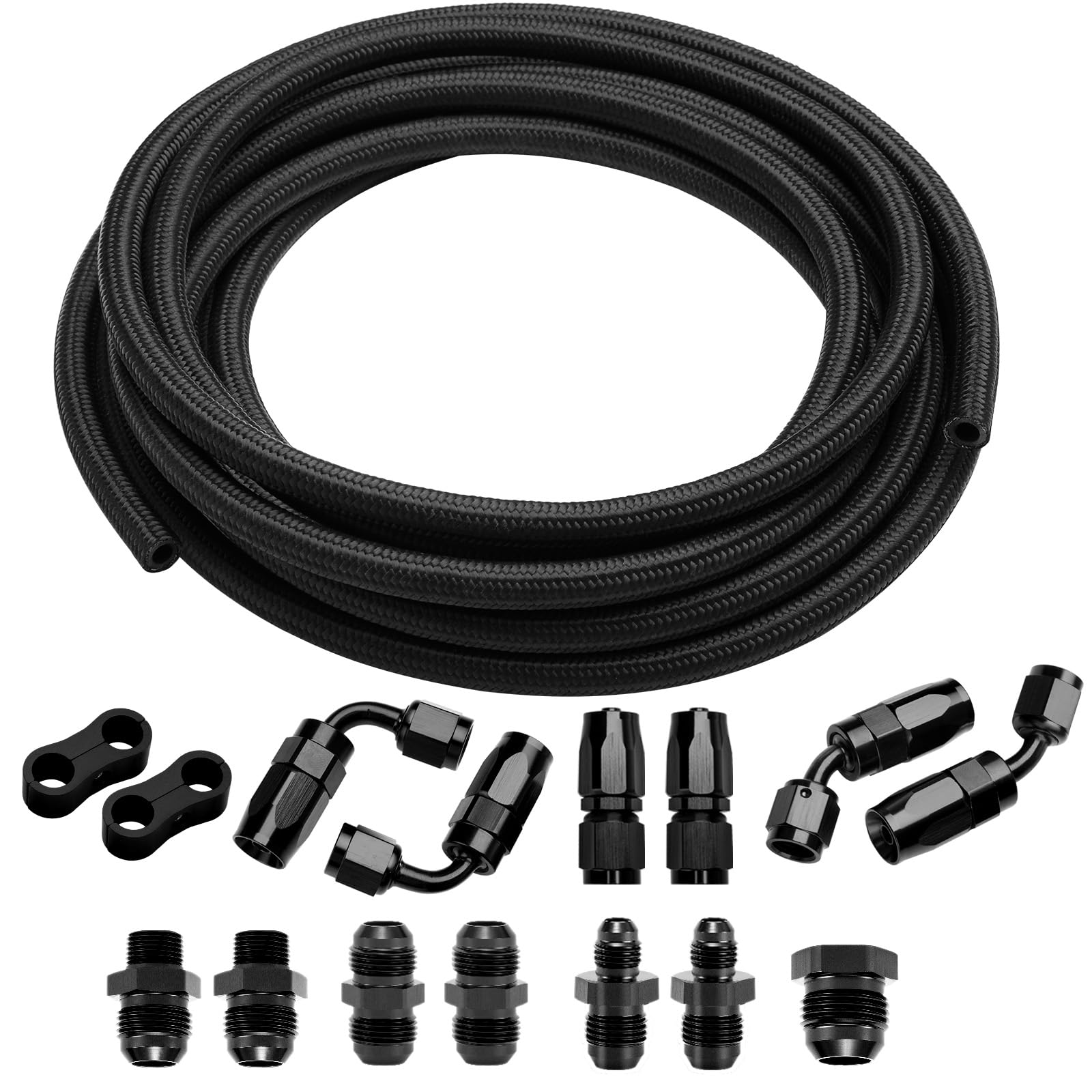 3/8'' 6AN 10FT Fuel Line Kit, Nylon Stainless Steel Braided Fuel Hose, 6AN CPE Fuel Line Hose Kit. With 14PCS Swivel Hose Fittings Adapter. (Black)