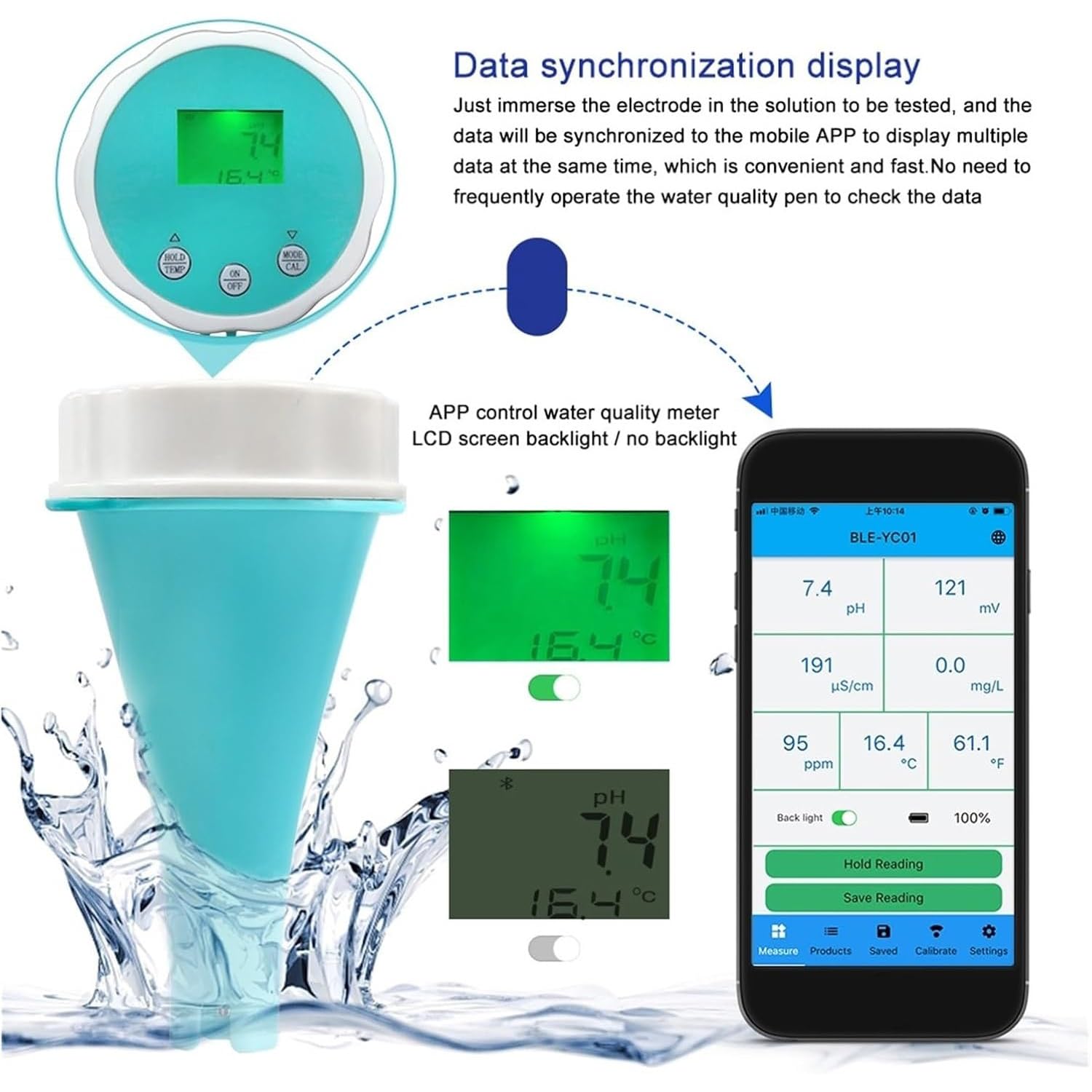 6 en 1 Probador agua con Bluetooth,comprobador PH/ORP/EC/TDS,comprobador cloro residual temperatura,comprobador agua monitor piscina inteligente flotante inalámbrico, for jardín/piscina/acuario