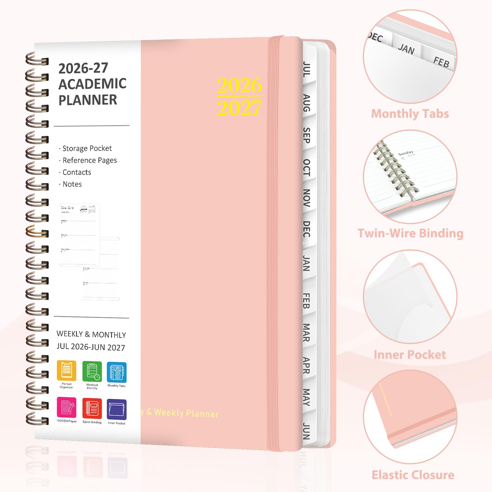 Planer 2026–2027, akademischer Wochen- und Monatsplaner, Juli 2026–Juni 2027, gebundenes Kalender-Agenda-Buch für Schuljahresplanung, Schulbedarf für Lehrer und Studenten, A5 (16,3 x 21,6 cm)