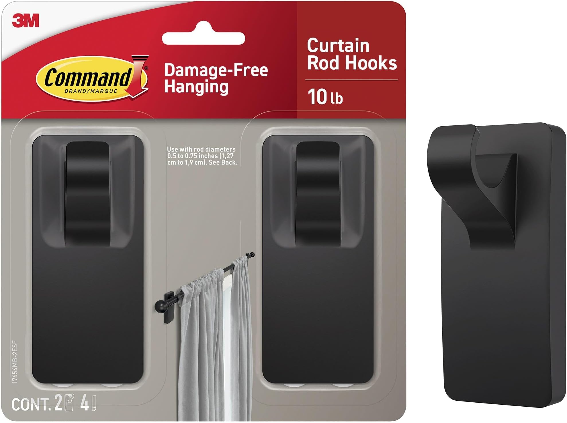 Command 10 lb Matte Black Curtain Rod Hooks, 2 Hooks and 4 Strips, No Drilling Home Decor and Room Decor, Use with Rod Diameters 0.5-0.75" | 10 lb, 4 Command Strips, Damage Free, Curtain Rods Hangers, Home and Room Decor