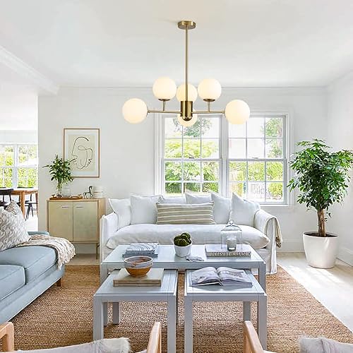 Miniatura 5 de BOKT Lámpara Sputnik de 6 luces moderna de globo grande de mediados de siglo, lámpara colgante dorada con vidrio blanco leche para cocina, lámparas