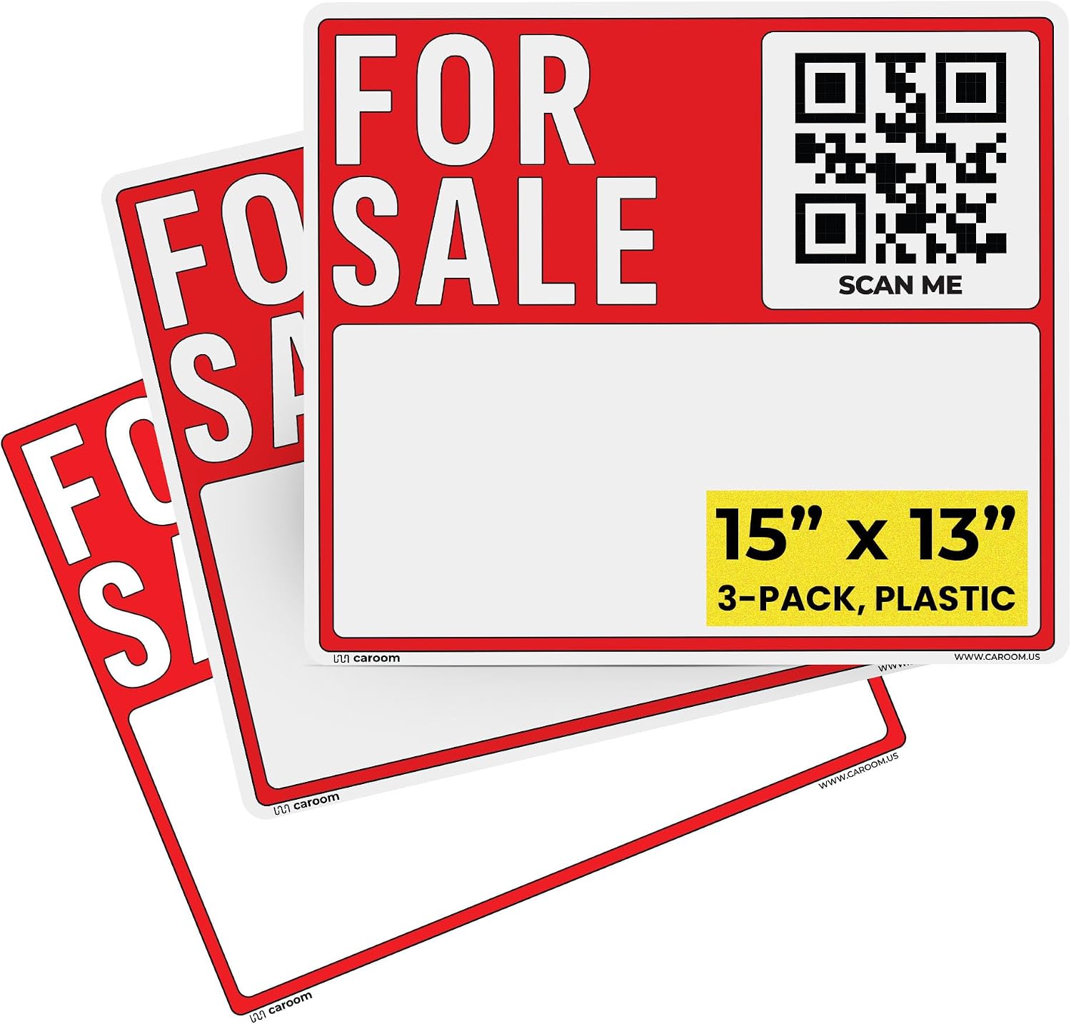 15×13 For Sale Car Sign Blank (3-Pack) - Writable Area | Weatherproof | PVC Plastic | QR App Included