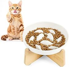HAPPY HACHI Anti Glutton Cat Bowl with Bamboo Stand, Raised Ceramic Cat Bowl, Reduces Vomiting and Bloating (White)