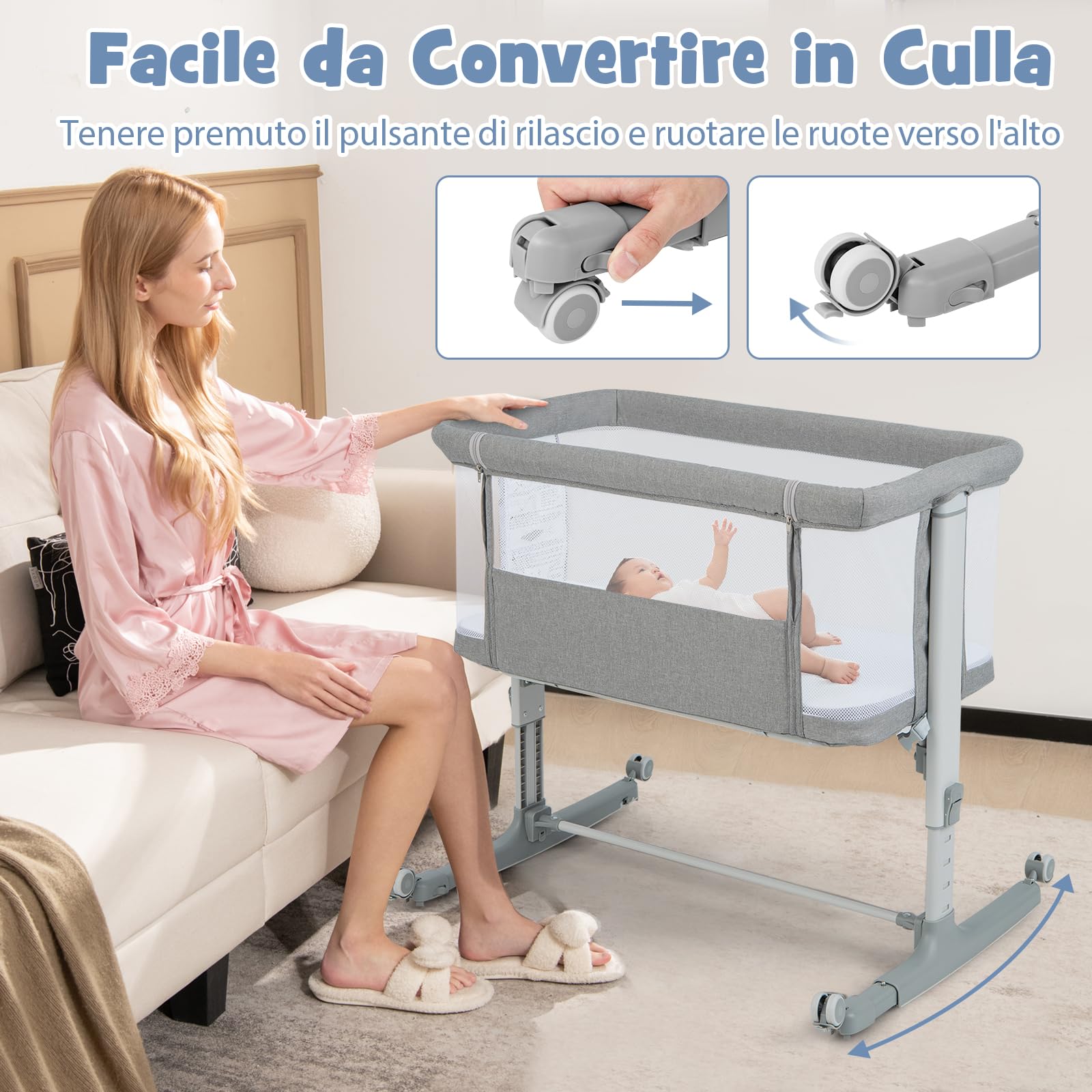 RELAX4LIFE 3 in 1 Culla Neonato, Culla da Campeggio per Bambole con Materasso Imbottito e Cinghia Fissaggio, Regolabile In Altezza 7 Posizioni, per Bambini 0-6 Mesi Fino a 9kg(Grigio Chiaro)
