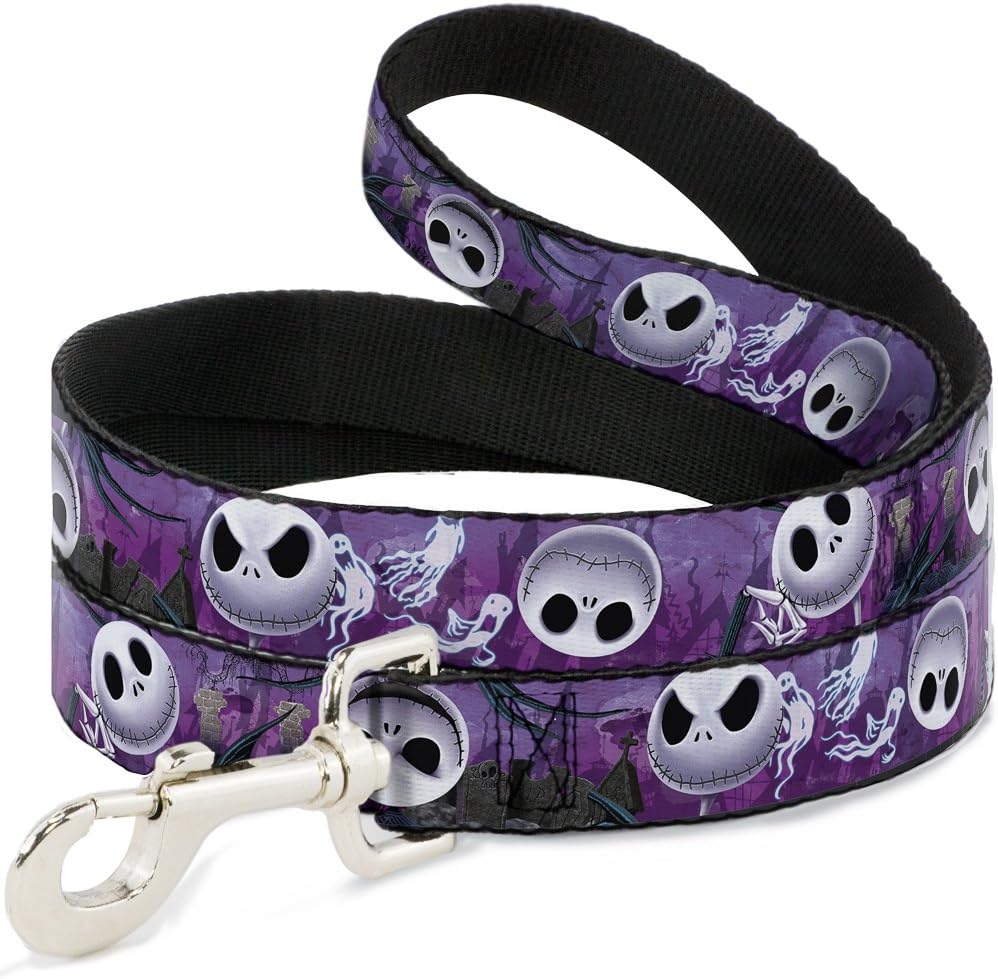 Buckle-Down Pet Leash - Jack Expressions/Ghosts in Cemetery Purples/Grays/White - 6 Feet Long - 1" Wide
