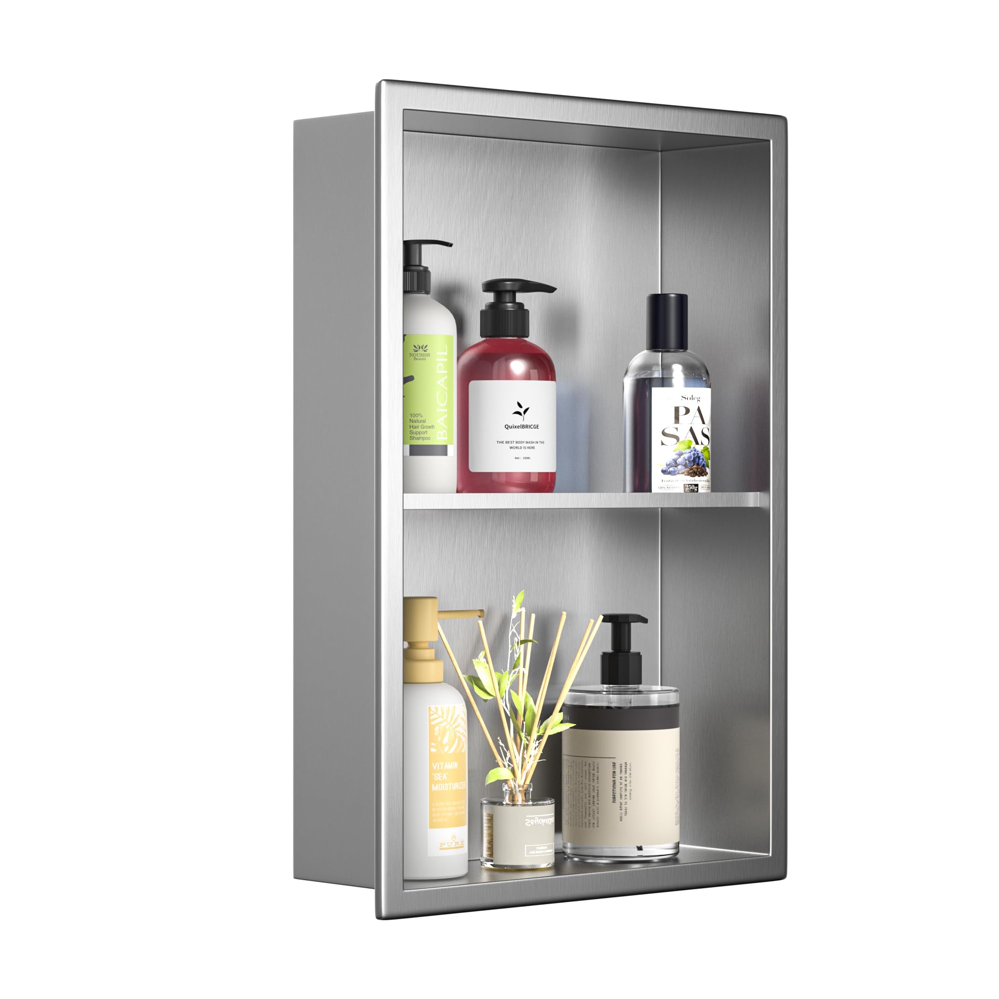 Ducha de acero inoxidable cepillado, 45 x 30 cm, estantes dobles, almacenamiento fuerte, ideal para la renovación y rehabilitación del baño, sin azulejos, nicho de pared con montaje en árbol