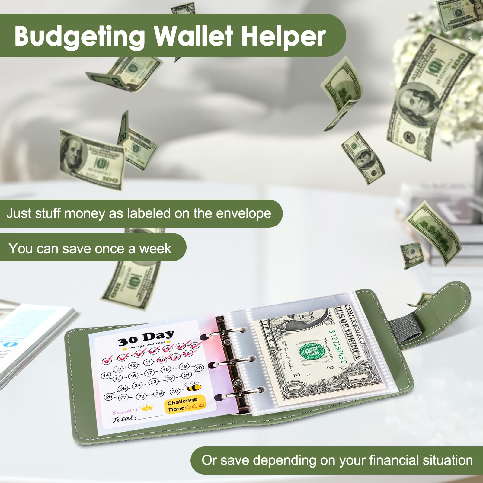 Sparbuch für Geld, 30 Tage Envelope Saving Challenge Geld Sparen Mappe mit 30 Geldumschlägen A8 Kinder Sparchallenge Budgetplaner, Geldspar Budgetordner für Kinder zum Sparen Erziehen, Grün