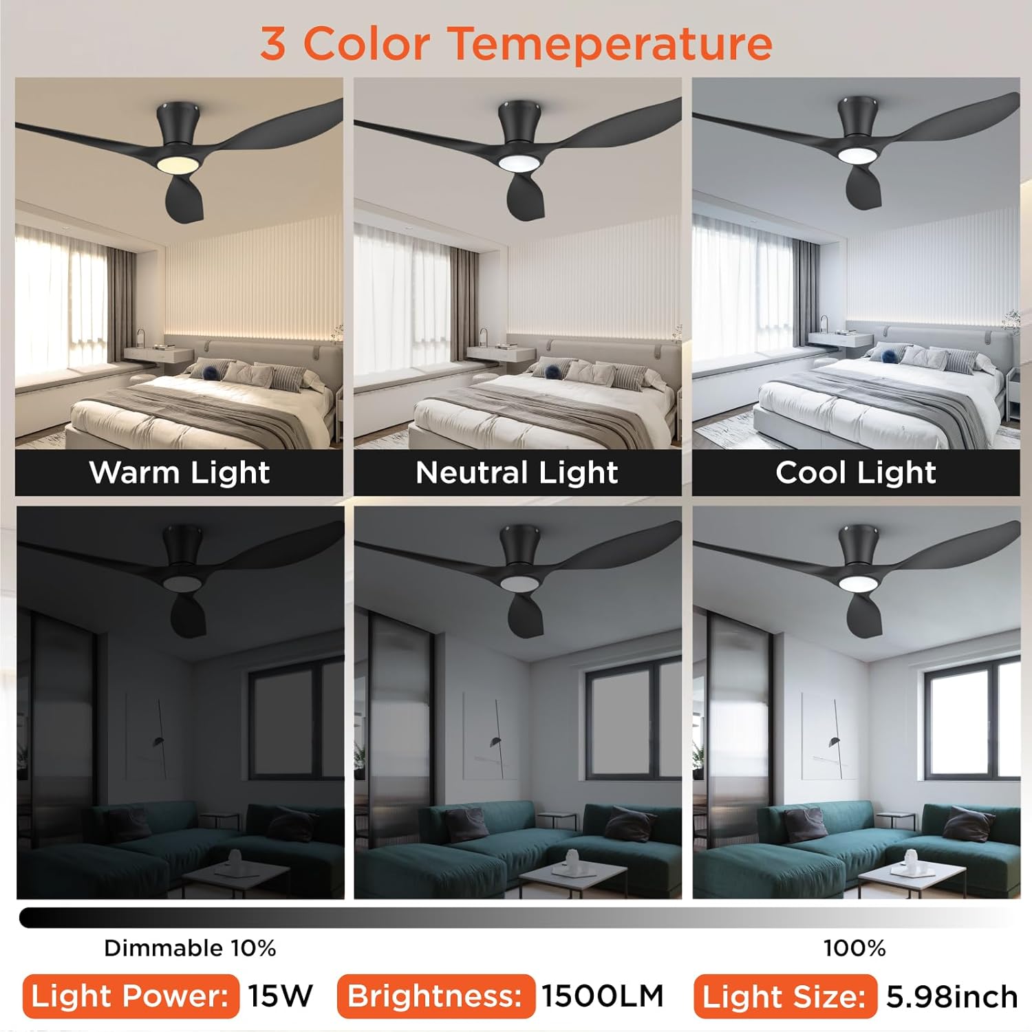 Three images showing the ceiling fan light in Warm Light (3000K), Neutral Light (4000K), and Cool Light (5000K) settings, with dimmable range from 10% to 100%