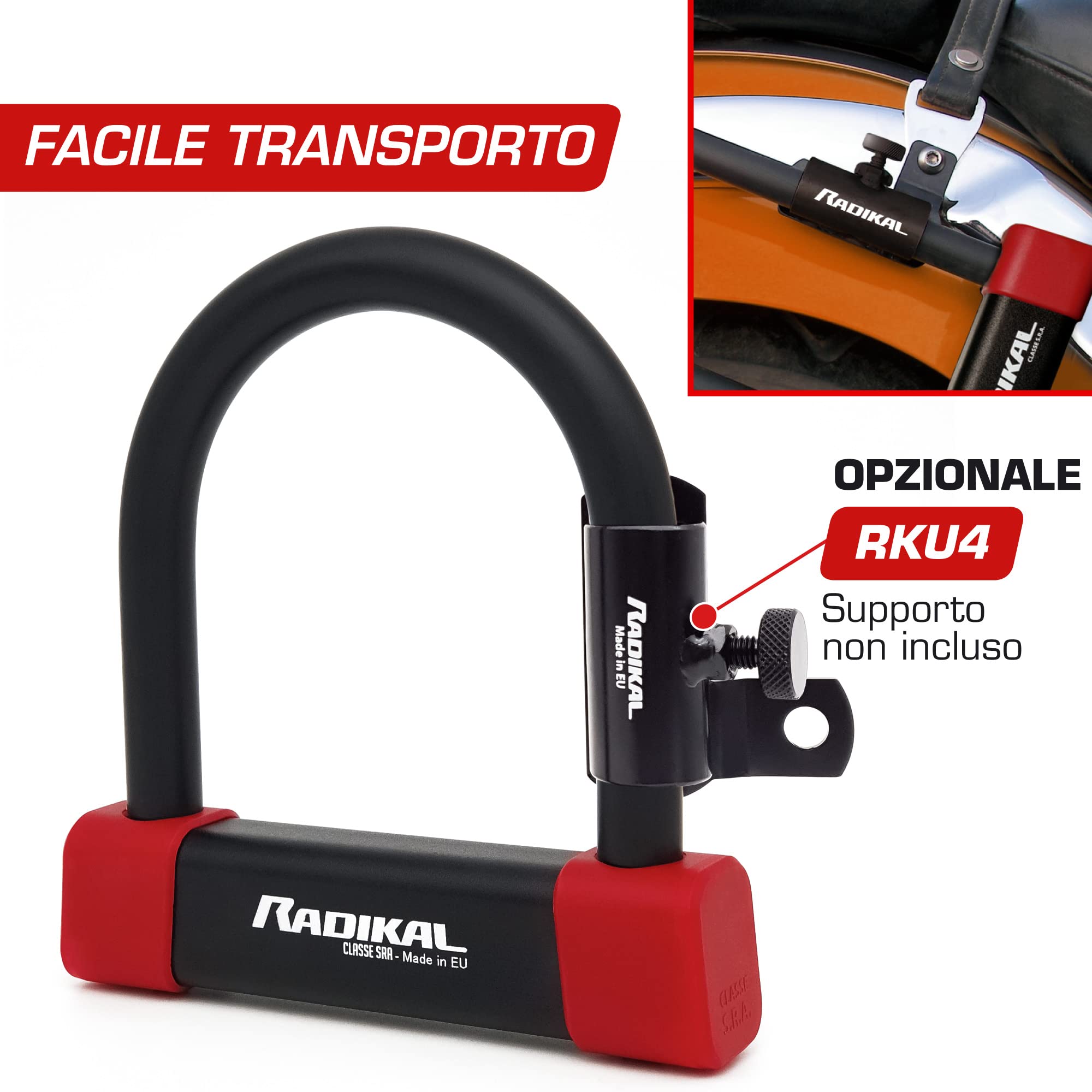 RADIKAL RK120125 Lucchetto a U Premium Omologato SRA, 120x125mm, Blocco Ceppo Ruota, Arco ø18mm Acciaio Cementato Rivestito a Doppio Chiusura, Serratura Antifurto U Lock Moto Scooter