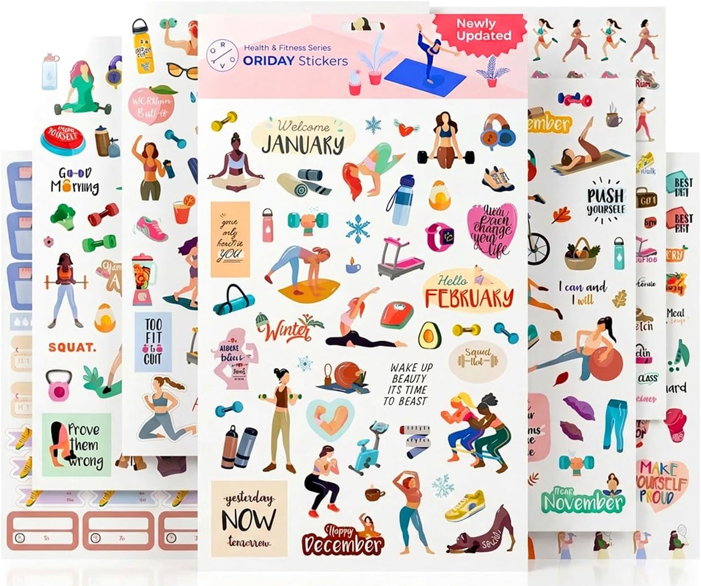 Oriday Health & Wellness, Workout - Set of 366 Stickers, 6 Sheets, Fitness Theme for Moms, Students, Monthly, Weekly & Daily Planner, Calendar, Habit Tracker, Journal or Sticker Book, 11x 17cm