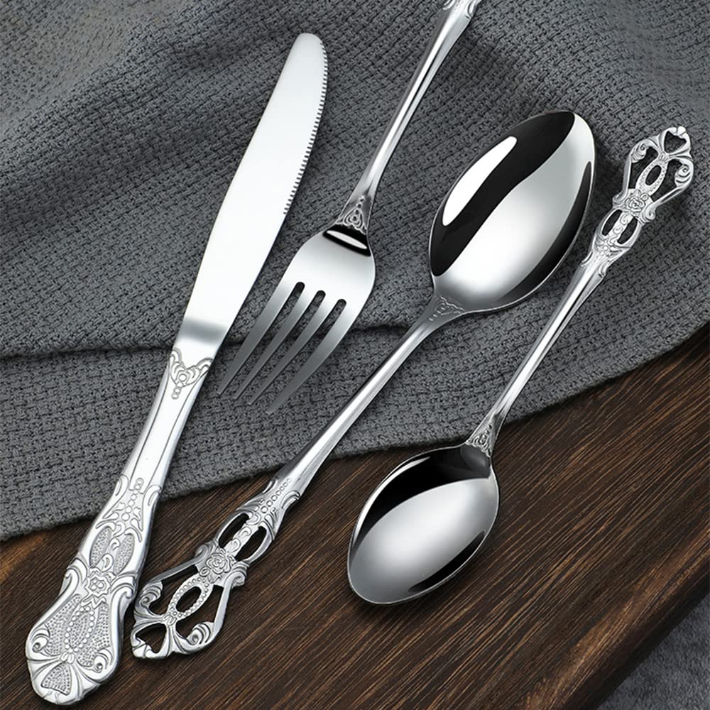 Ensemble de Couverts en Argent 24 pièces pour Six Couverts élégants, idéal pour Les Mariages, Noël, Halloween, Les Anniversaires et Les dîners romantiques. Design rétro Classique avec Gravure Creuse