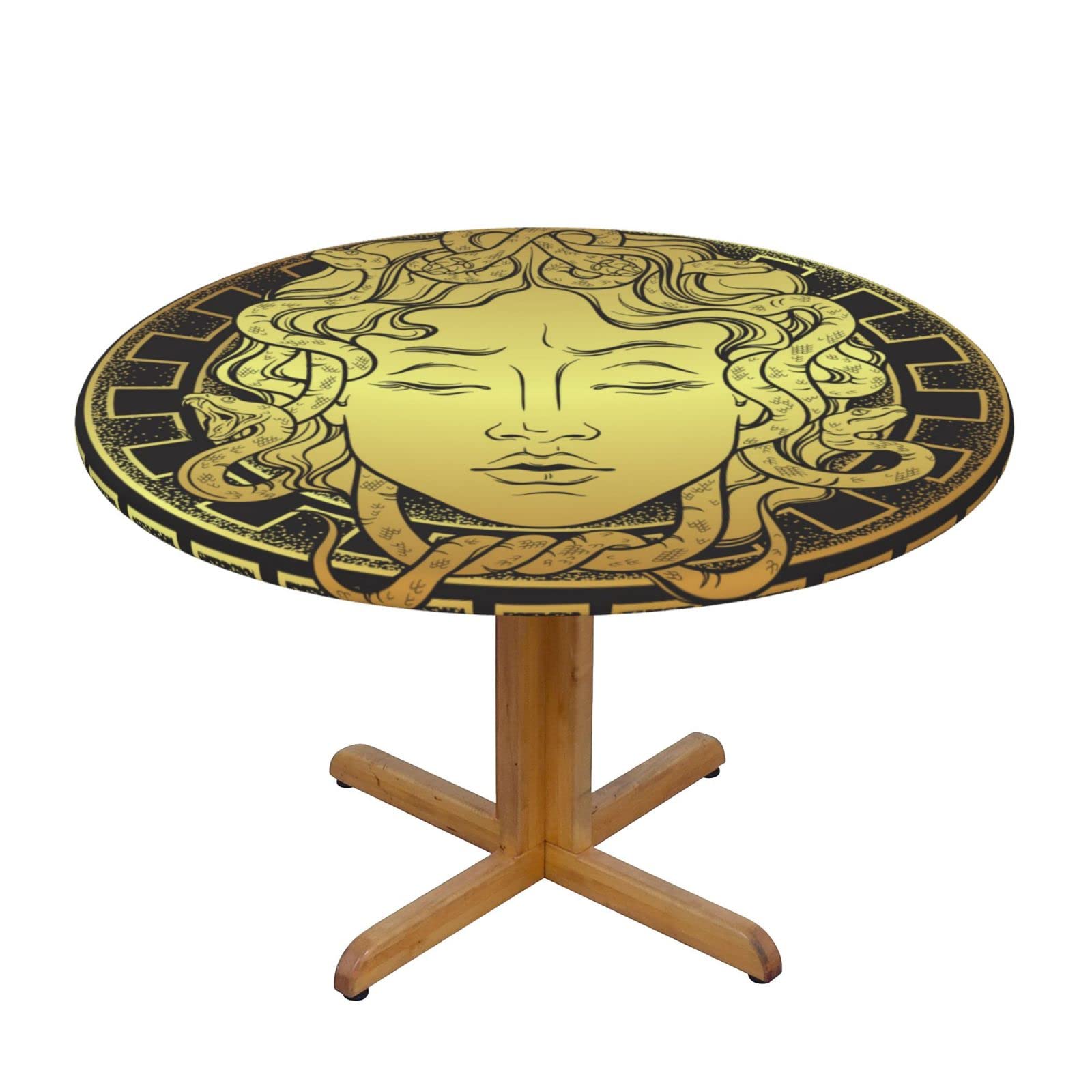 Lsjuee Round Fitted Tablecloth 45-50in Elastic Edged Table Cloth for Kitchen Dining Party Home Decor - Medusa Gorgon Head Golden