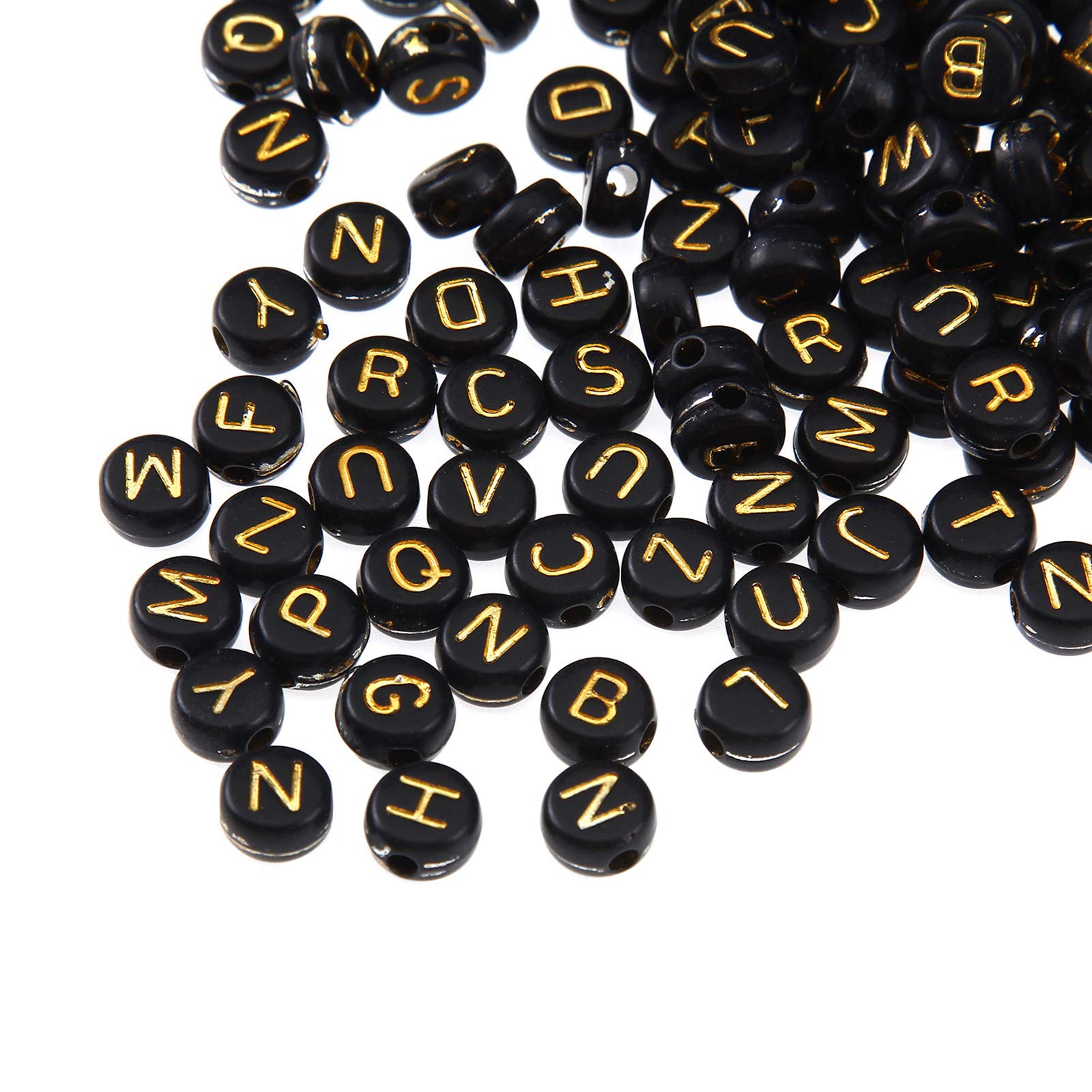 200pcs Black Acrylic Flat Round Alphabet Letter Beads 7mm Pony Disc Coin with Gold A-Z Letter Loose Spacer Beads for DIY Jewelry Bracelet Making