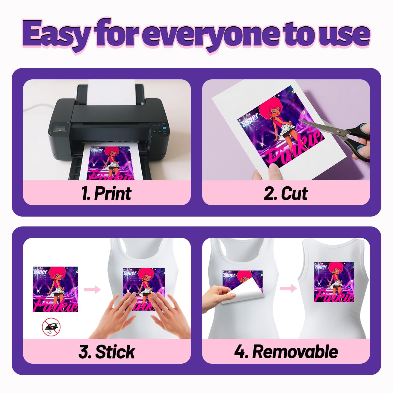 Pinkie No Wärmetransferpapier für weiße T-Shirts, 20 Blatt, 21,6 x 27,9 cm, abnehmbares Vinyl-Aufkleberpapier für helle Stoffe, bedruckbar, kein Wärmeübertragung, Vinyl für Tintenstrahldrucker