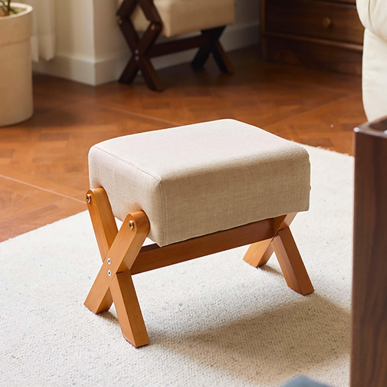 Lot de 2 repose-pieds multi-usages, coussin en mousse épaisse, tissu en lin, design en X, idéal pour chambre à coucher, salon et cuisine