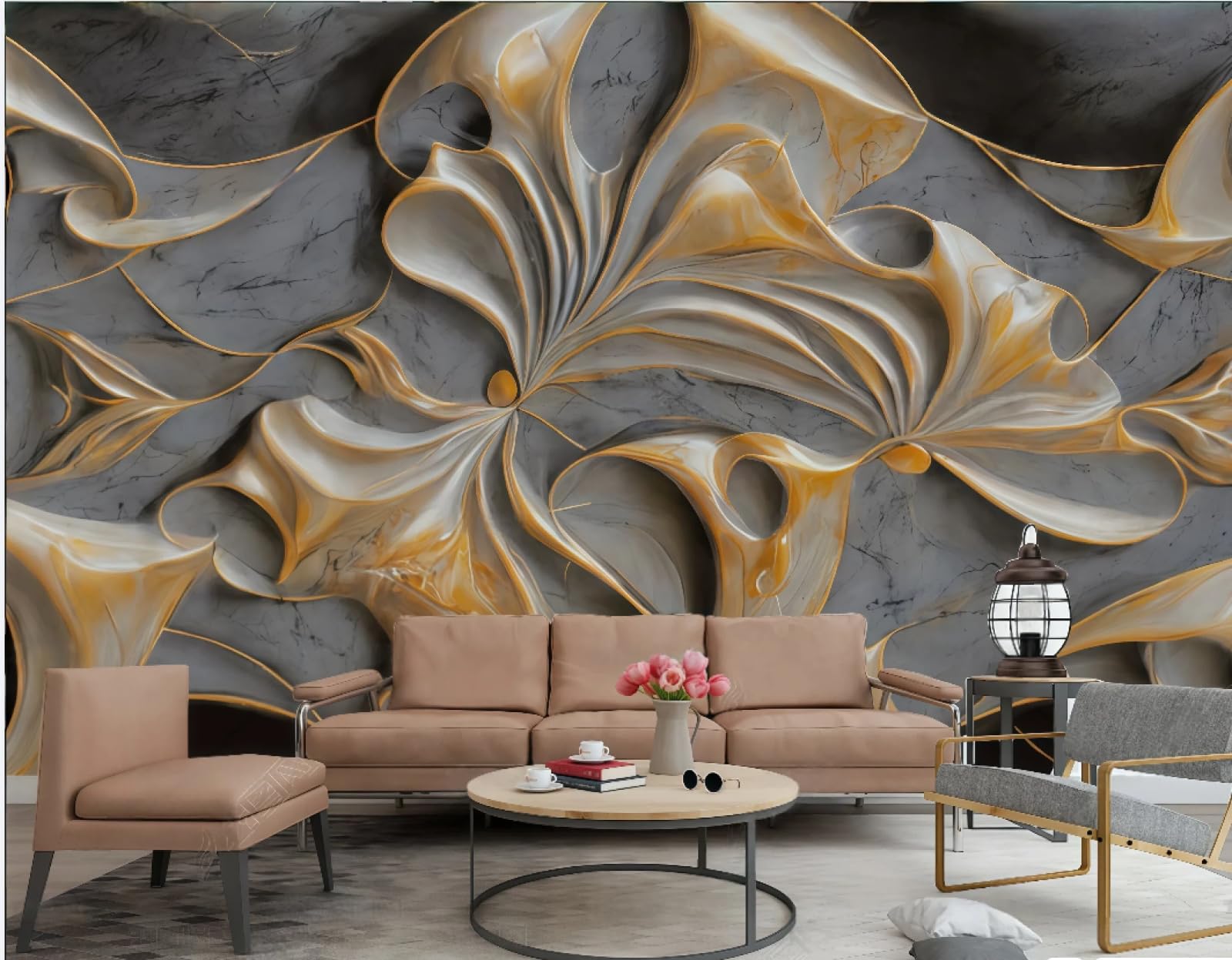 Tapeta nowoczesna minimalistyczna abstrakcyjna miedź kolor relief rzeźba kwiat marmurowy wzór TV sofa tło tapeta ścienna salon restauracja kawiarnia mural, 3D, 150 x 105 cm