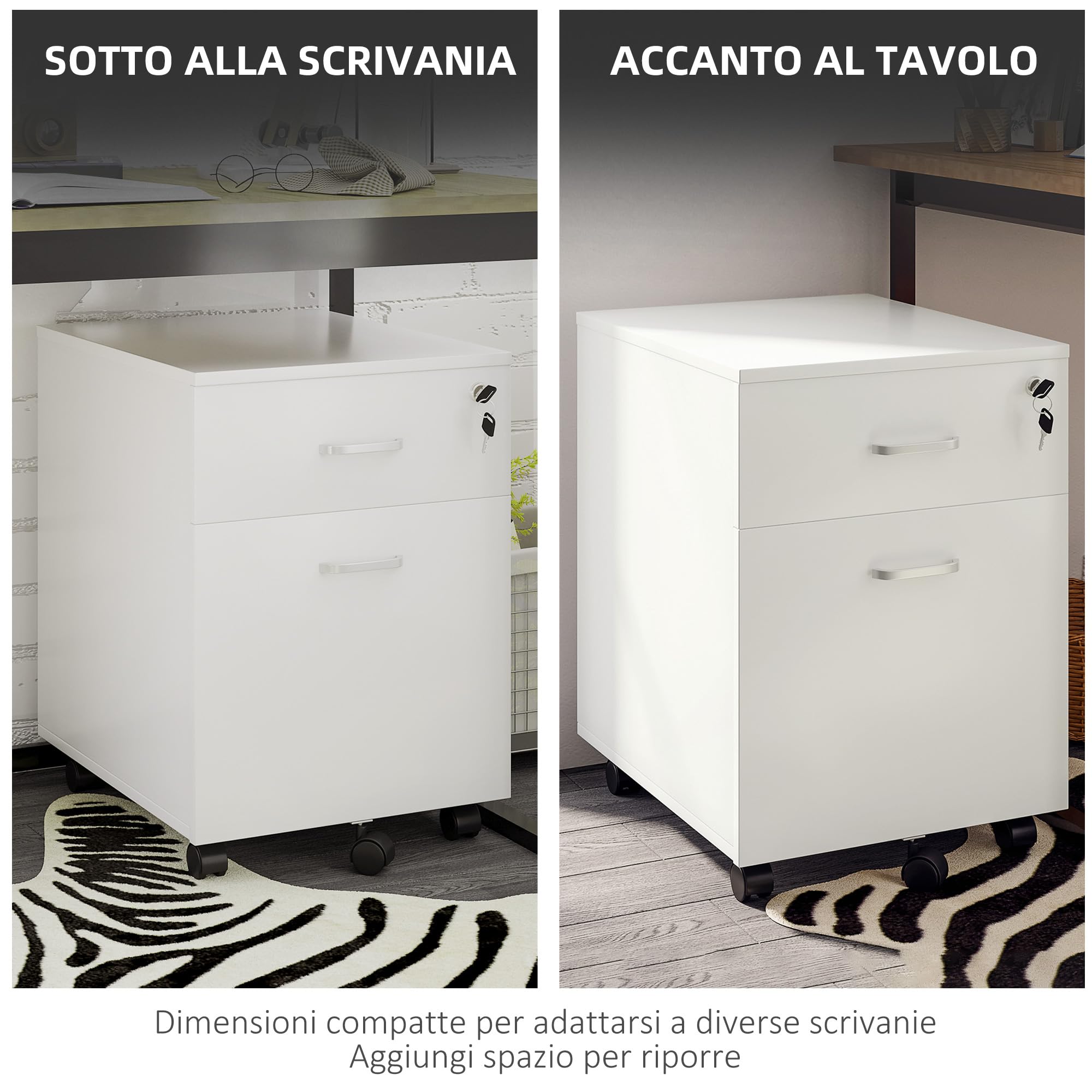 Vinsetto Cassettiera Ufficio con 2 Cassetti e 5 Ruote, Schedario da Ufficio in Legno con Serratura Porta Documenti Cartelle, Ideale per Soggiorno, Studio, 40x49x58 cm, Bianco
