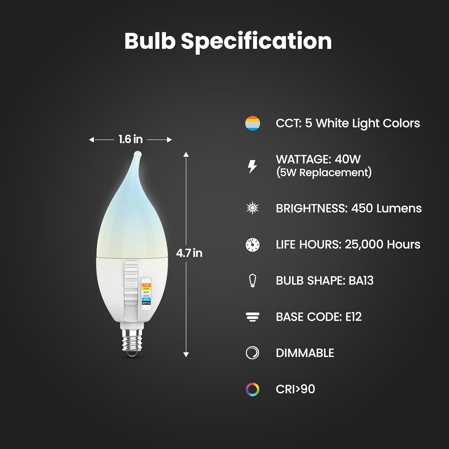 Feit Electric CA10 LED Candle Bulb Flame Tip, 40W Equivalent, Dimmable, Color Selectable 6-Way, 5CCT, E12 Candelabra Base, 90 CRI, 450 Lumens, Chandelier Bulb, 22-Year Life, CFF40/6WYCA/2, 2 Pack