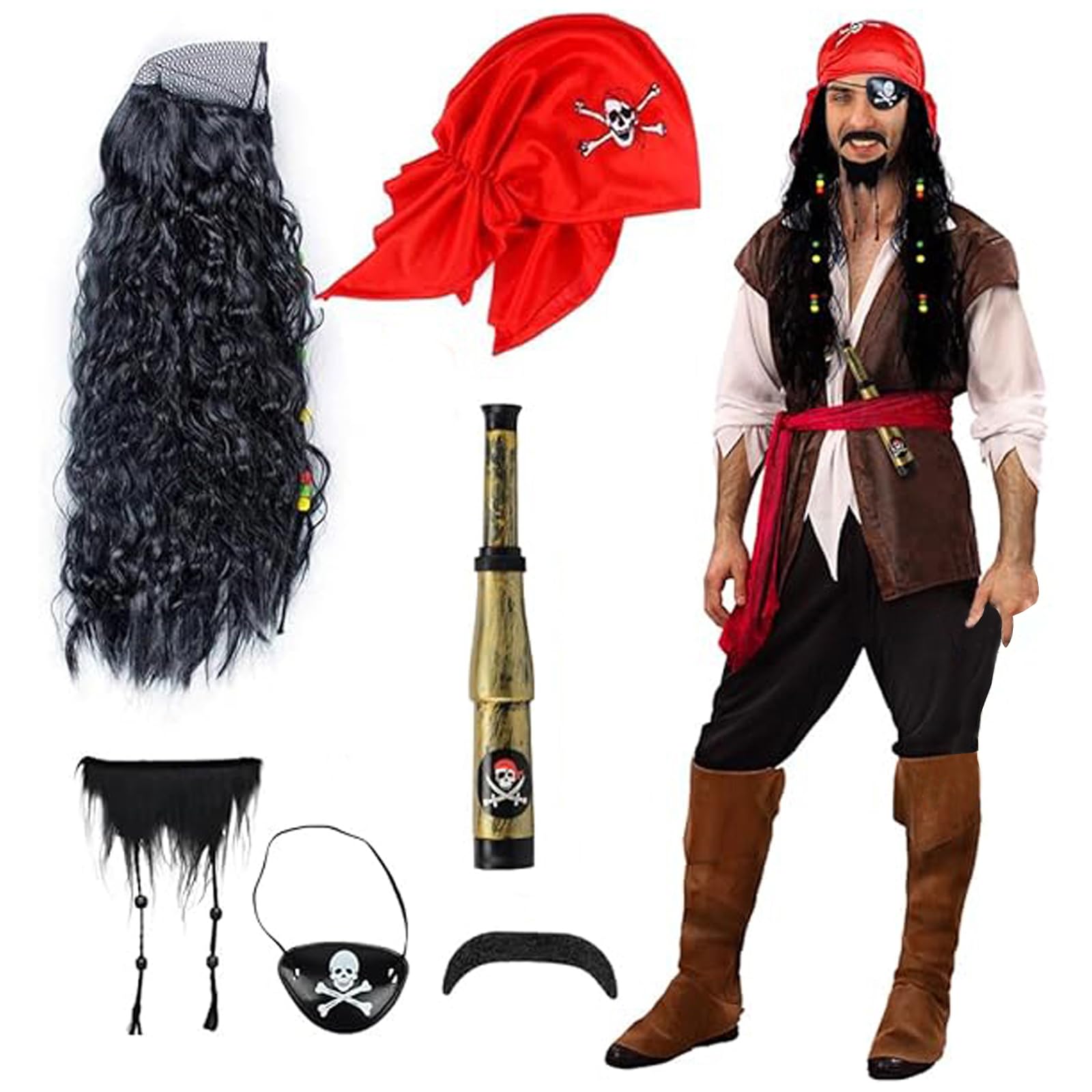 Pirate Costume Set for Adult Men - Wig With Mustache Beard, Hat, Skull Eye Patch, Telescope - Halloween Carnival Role Play Dress Up Accessories