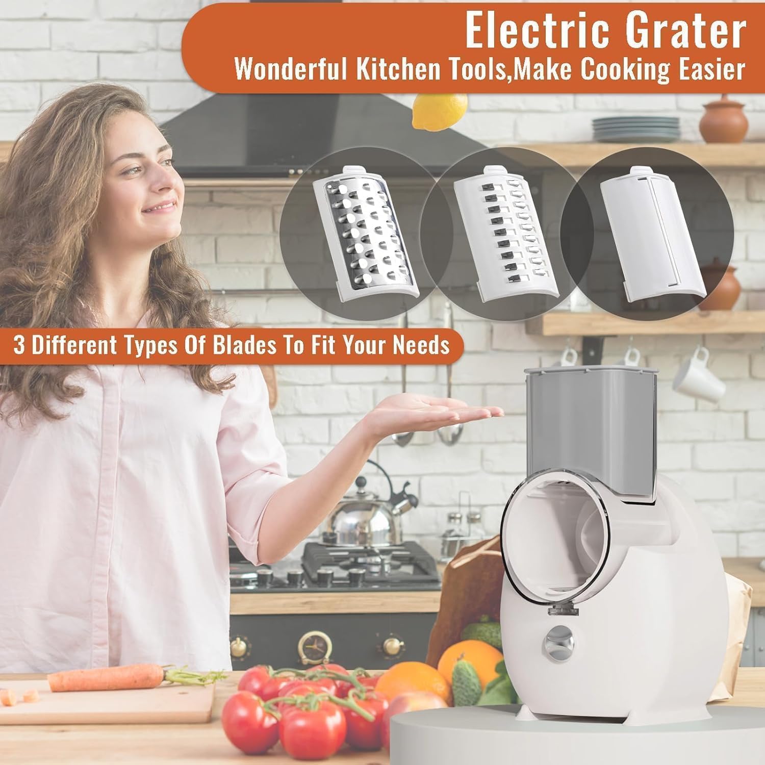 Electric Cheese Grater for Block Cheese,2025 Upgrade Electric Grater for Home Kitchen Use,3 Changeable Blades Salad Shooter Electric Slicer/Shredder for Vegetable Fruit Nuts White