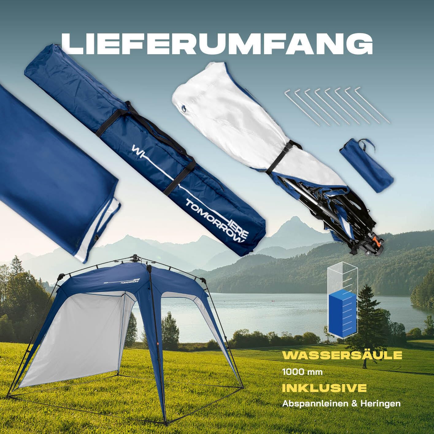 Lumaland Outdoor Pop Up Gazebo, Garden Tent, Camping Party Tent, Robust, Waterproof, Blue Garden
