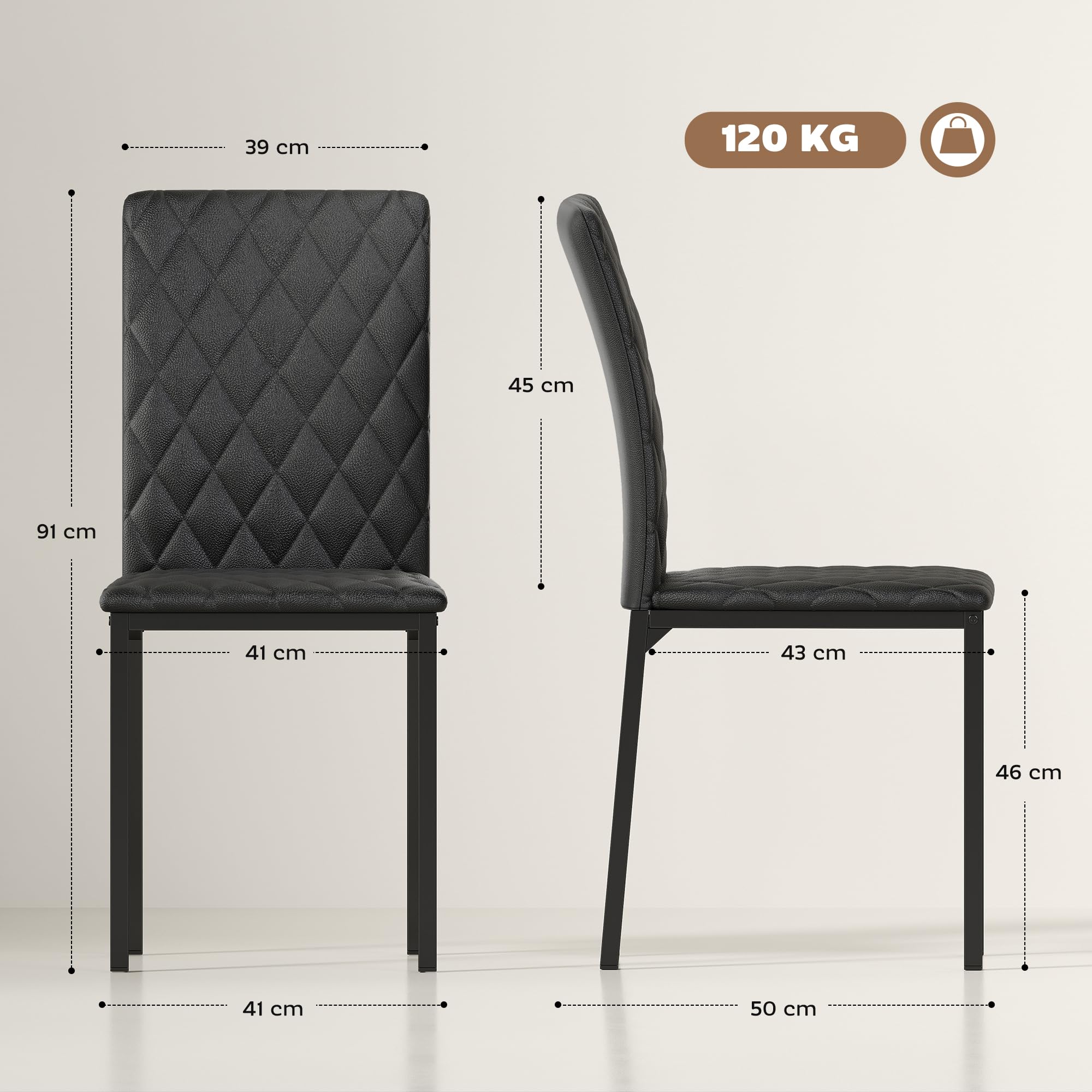 HOMCOM Pack de 4 Sillas de Comedor Modernas Respaldo Alto Negro | Sillas de Cocinas Modernas, Costuras Decorativas de Diamantes, Tapizadas en Cuero Sintético, Patas de Acero, Carga 120 kg